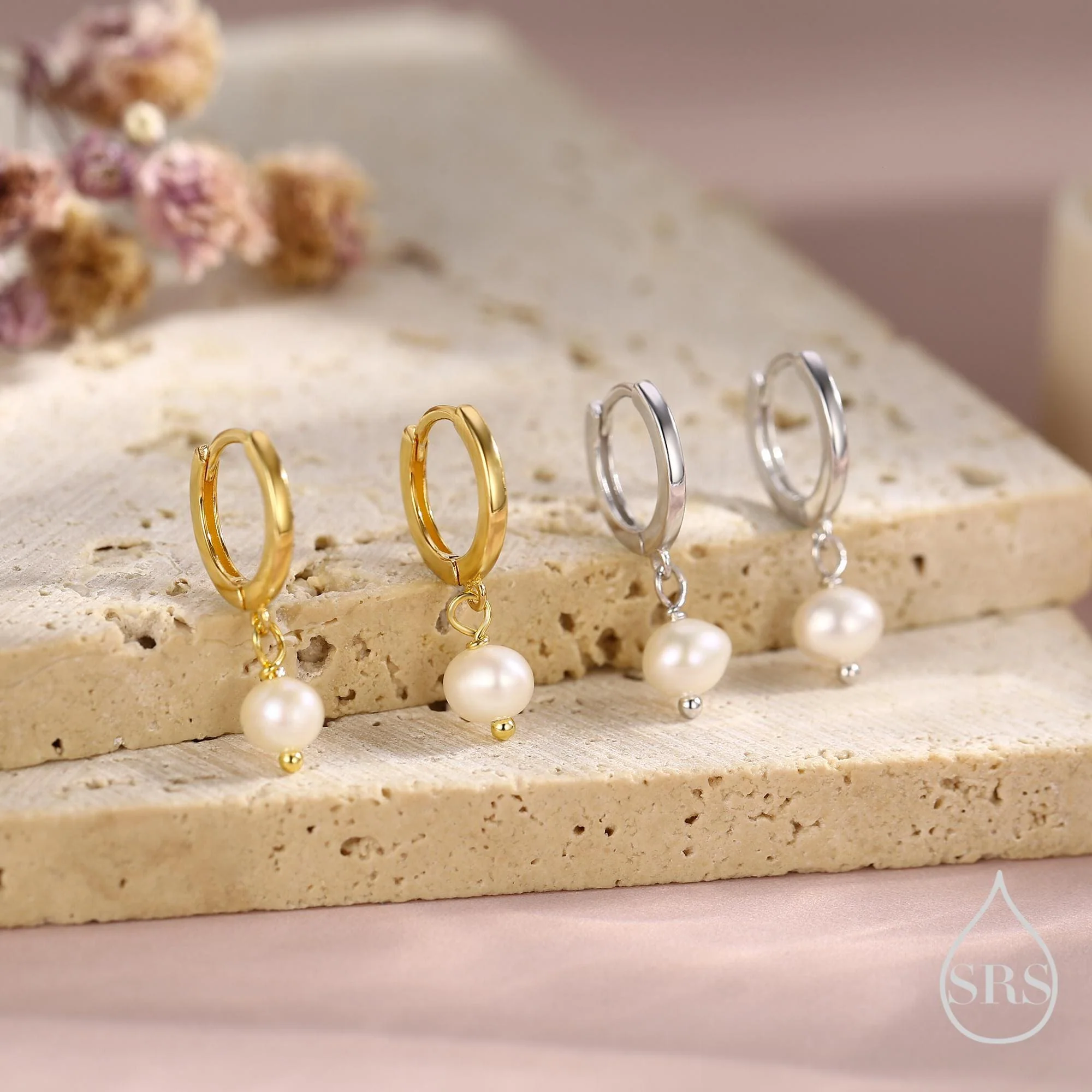 Tiny Dangle Pearl Huggie Hoops Earrings in Sterling Silver, , Genuine Freshwater Pearls, Silver or Gold, Minimalist Simple Hoop Earrings - Image 8