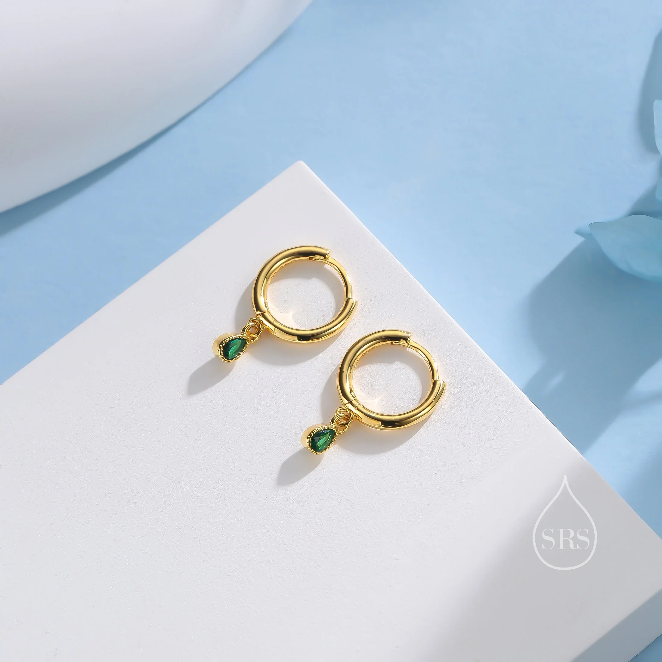 Tiny Dotted Droplet Emerald Green CZ Huggie Hoop Earrings in Sterling Silver, Silver or Gold, Geometric Hoop Earrings, Vintage Inspired - Image 4