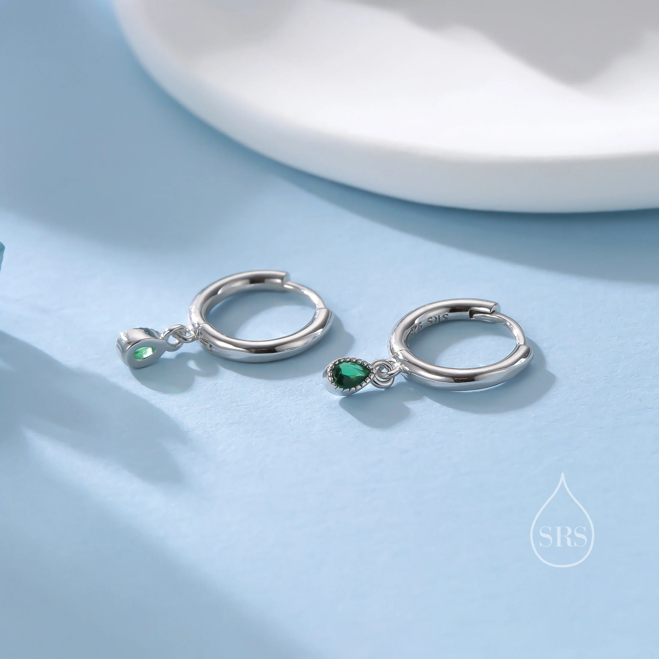 Tiny Dotted Droplet Emerald Green CZ Huggie Hoop Earrings in Sterling Silver, Silver or Gold, Geometric Hoop Earrings, Vintage Inspired - Image 7