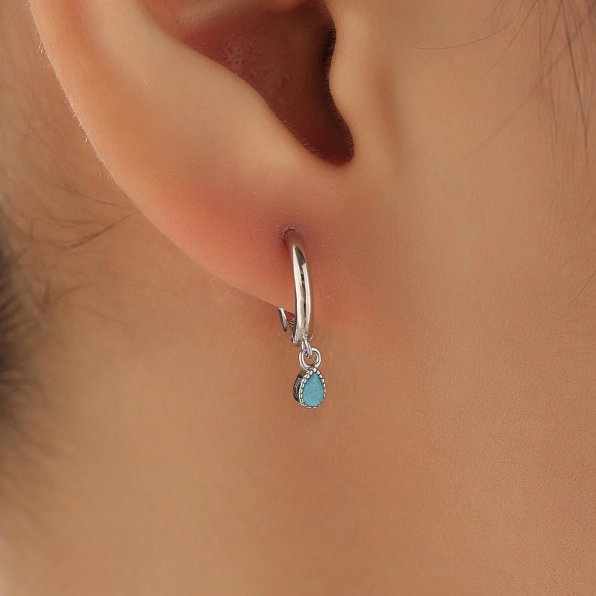 Tiny Dotted Droplet Turquoise Blue CZ Huggie Hoop Earrings in Sterling Silver, Silver or Gold, Geometric Hoop Earrings, Vintage Inspired