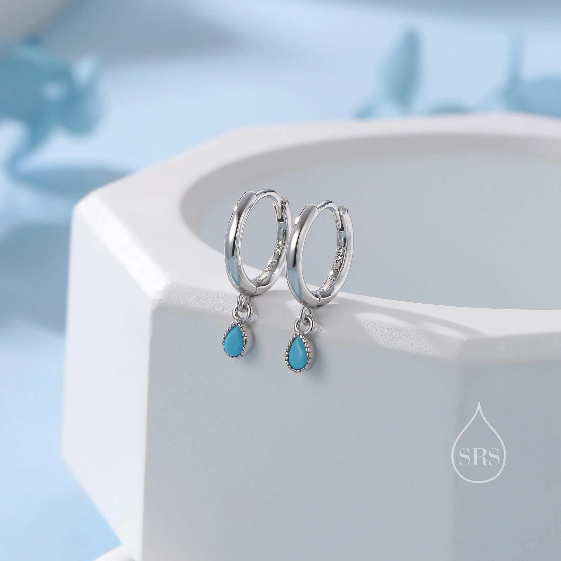 Tiny Dotted Droplet Turquoise Blue CZ Huggie Hoop Earrings in Sterling Silver, Silver or Gold, Geometric Hoop Earrings, Vintage Inspired - Image 2