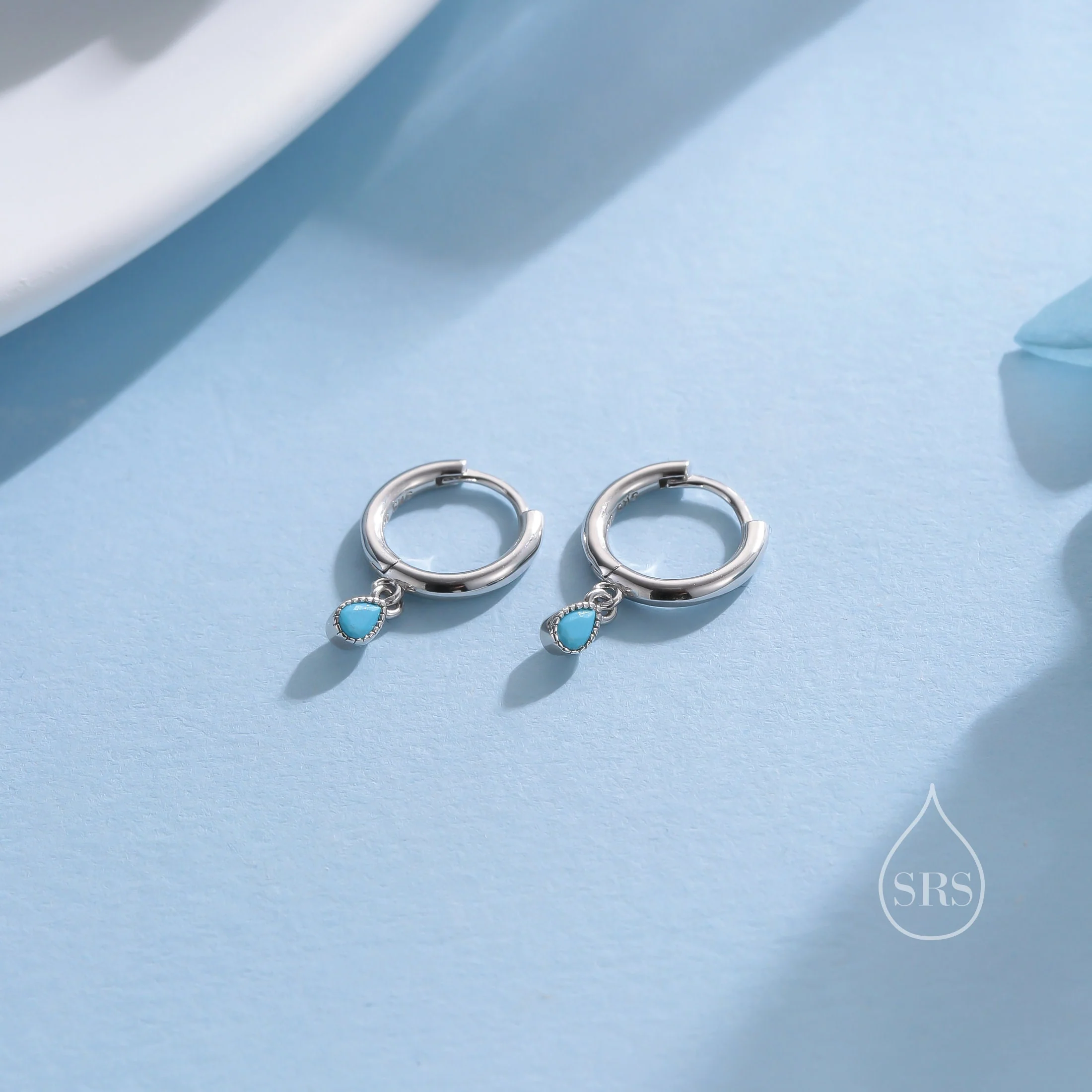 Tiny Dotted Droplet Turquoise Blue CZ Huggie Hoop Earrings in Sterling Silver, Silver or Gold, Geometric Hoop Earrings, Vintage Inspired - Image 6