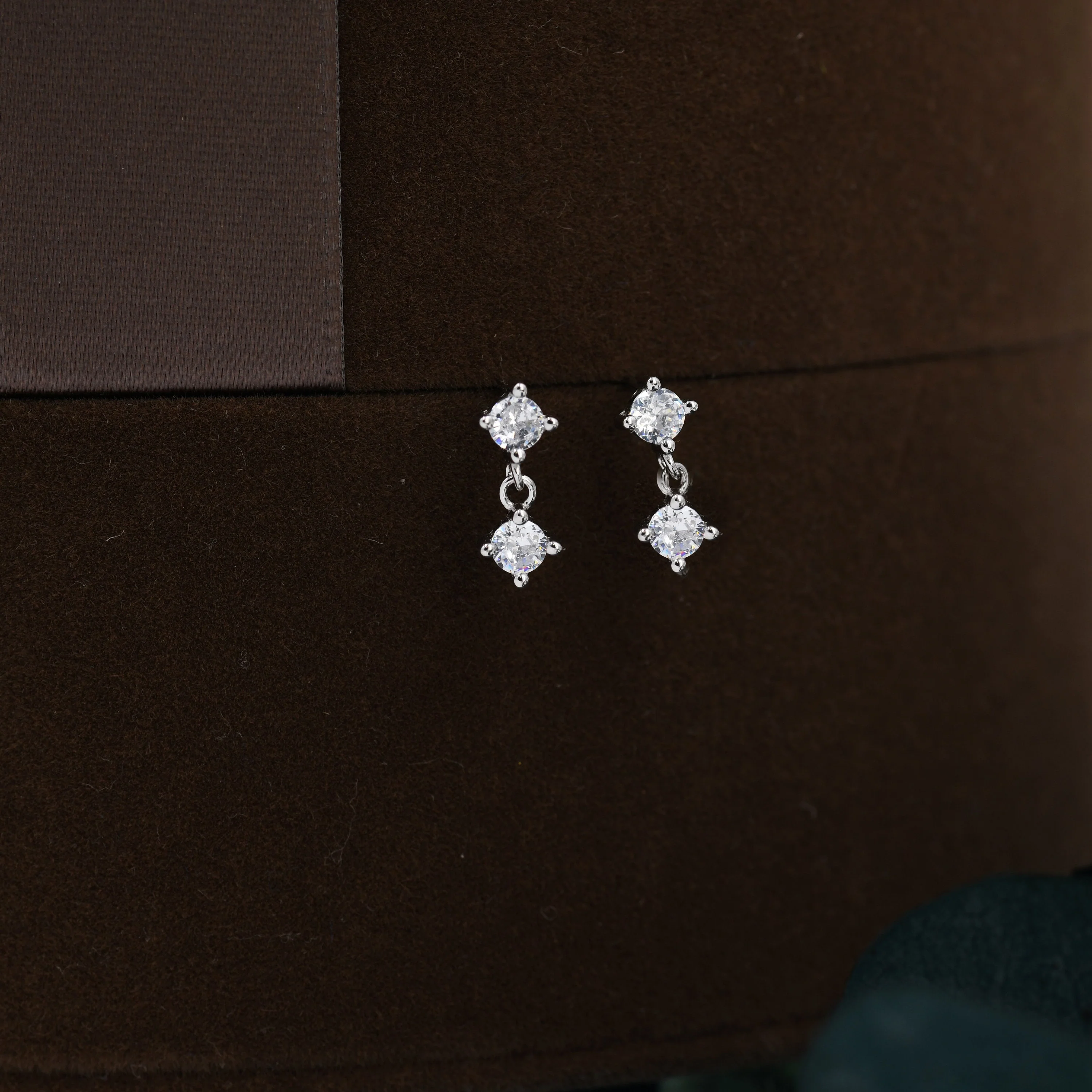 Tiny Double CZ Dangle Stud Earrings in Sterling Silver, Silver or Gold, Two CZ Prong Set Earrings, Solid Silver Crystal Earrings - Image 5