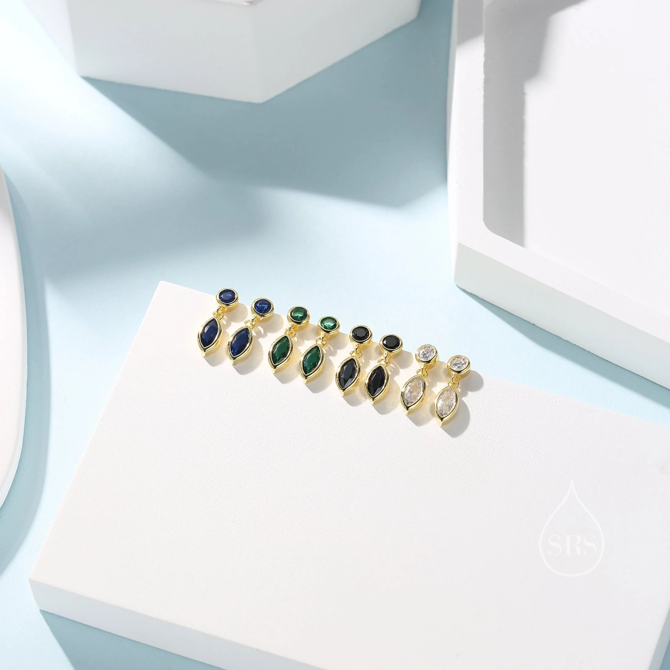 Tiny Double CZ Stud Earrings in Sterling Silver with Round and Marquise CZ, Silver or Gold, Bezel Set Earrings - Image 6
