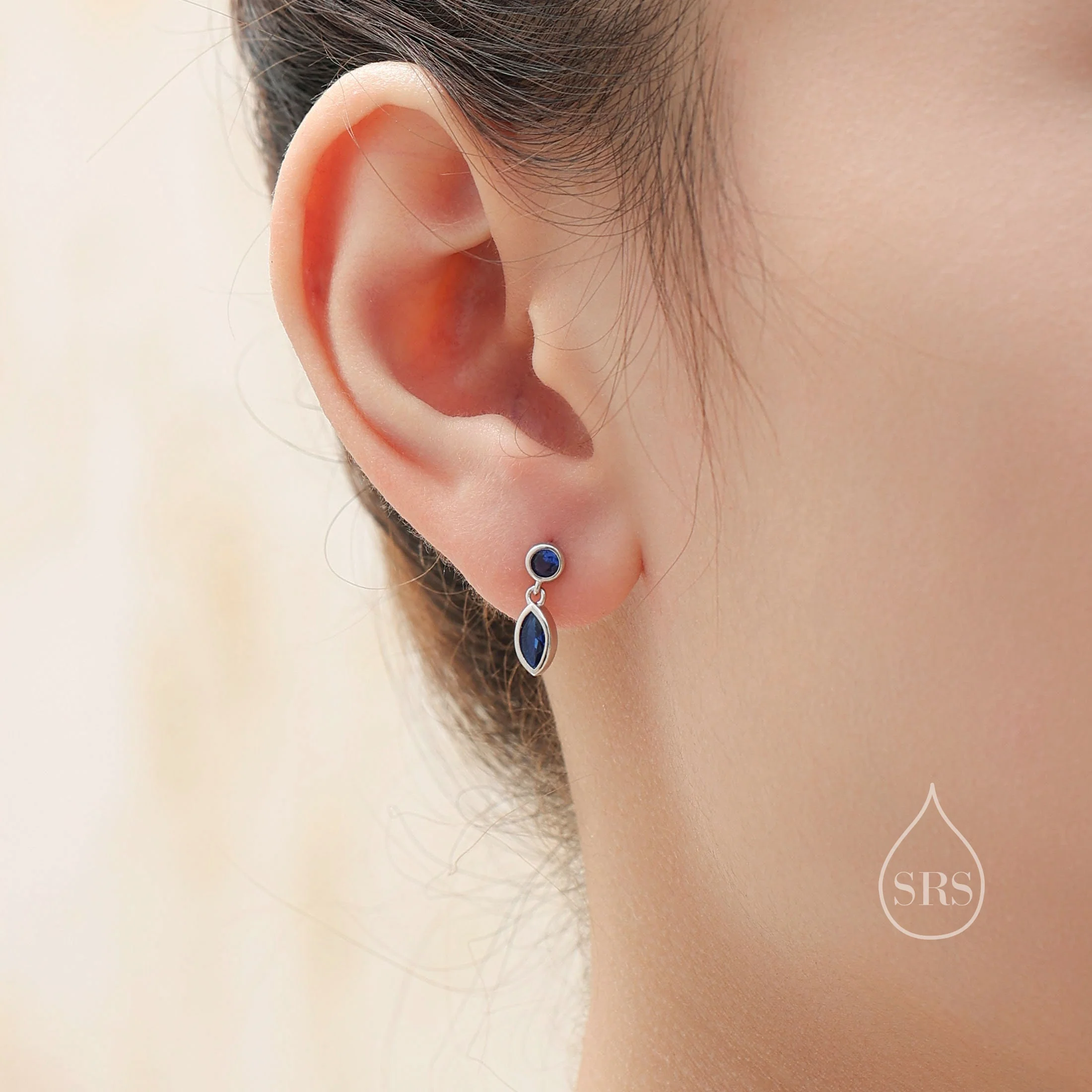 Tiny Double CZ Stud Earrings in Sterling Silver with Round and Marquise CZ, Silver or Gold, Bezel Set Earrings - Image 7