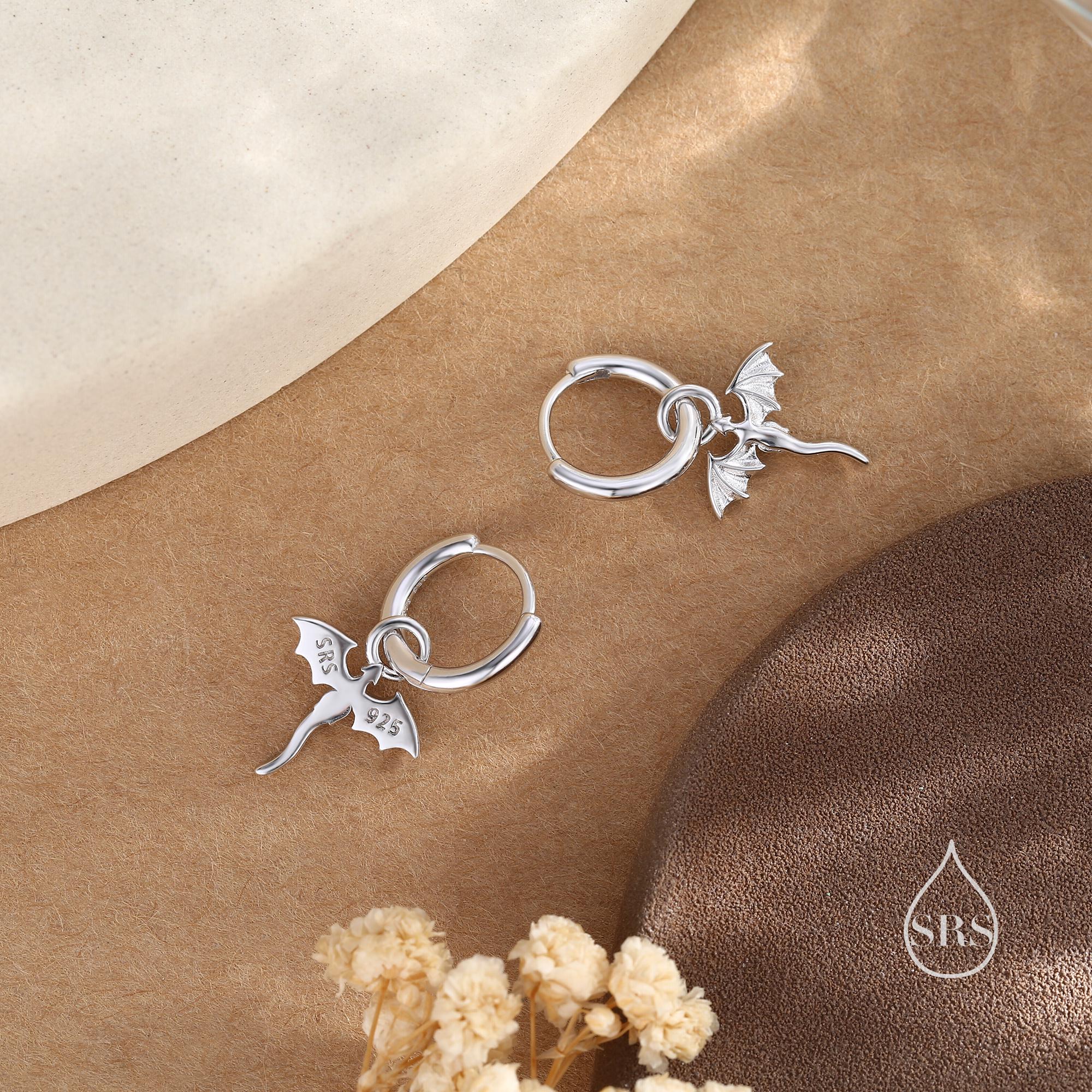 Tiny Dragon Huggie Hoop in Sterling Silver, Silver or Gold or Rose Gold, Dagon Dangle Hoop Earrings, Detachable and Interchangeable - Image 5
