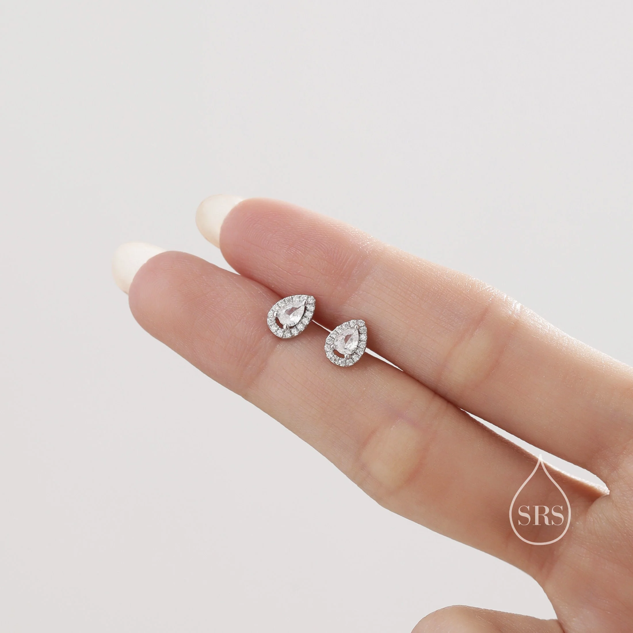 Tiny Droplet CZ Halo Stud Earrings in Sterling Silver, Silver or Gold, Tiny Pear Cut CZ Stud Earrings - Image 5