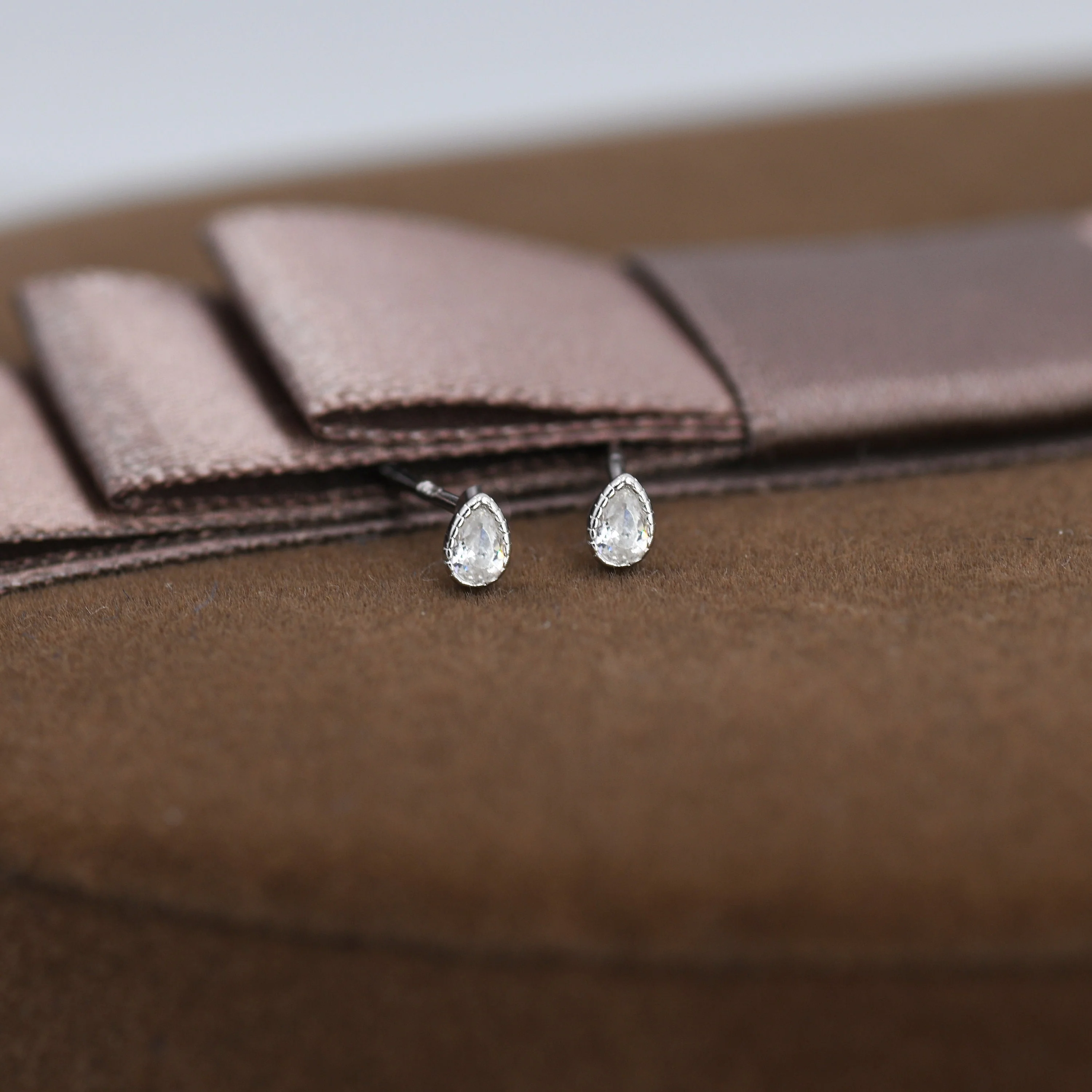 Tiny Droplet CZ Stud Earrings in Sterling Silver, Pear Cut CZ Stud Extra Tiny, Stacking Earrings, Dotted Bezel Vintage Inspired Design - Image 4