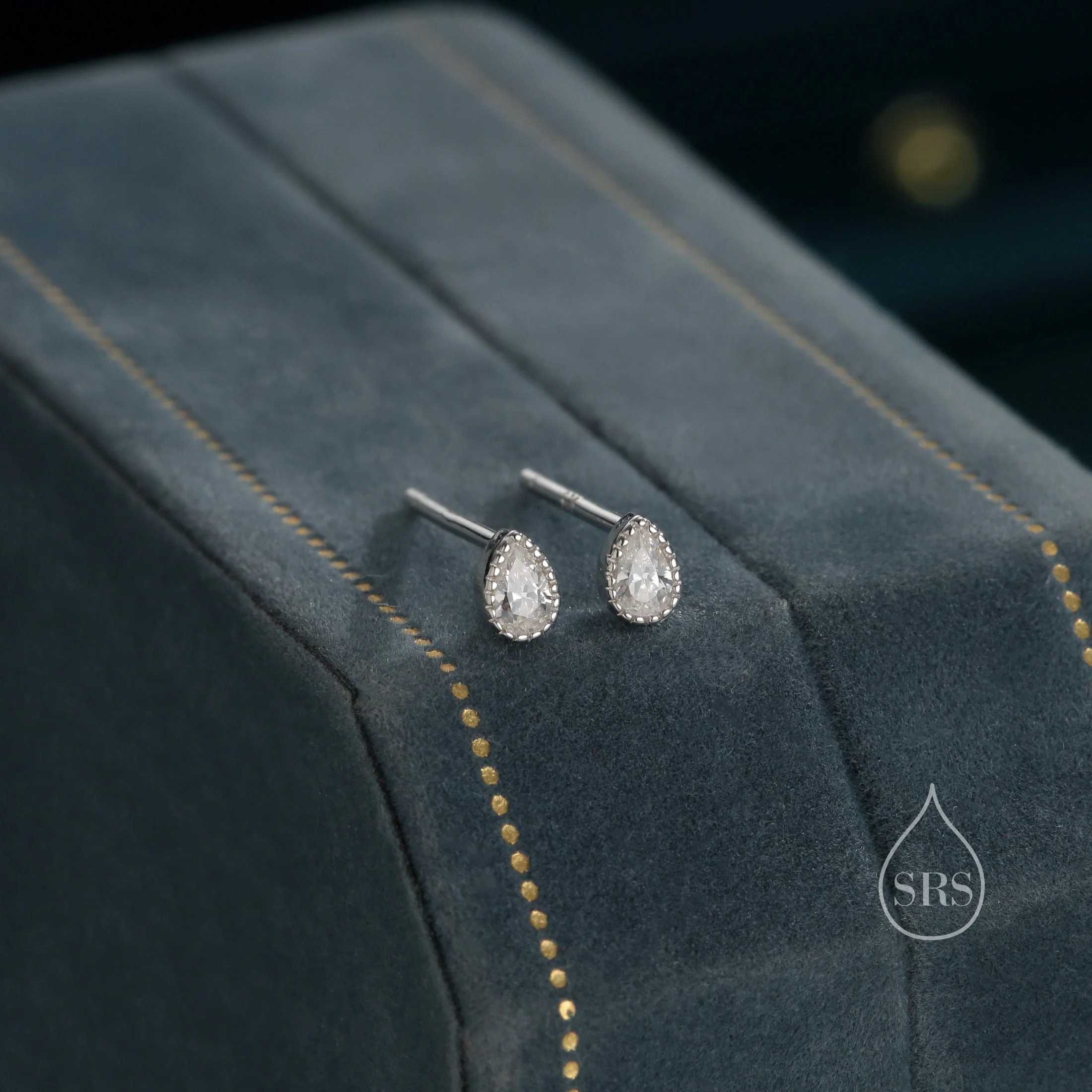 Tiny Droplet CZ Stud Earrings in Sterling Silver, Pear Cut CZ Stud Extra Tiny, Stacking Earrings, Dotted Bezel Vintage Inspired Design - Image 5