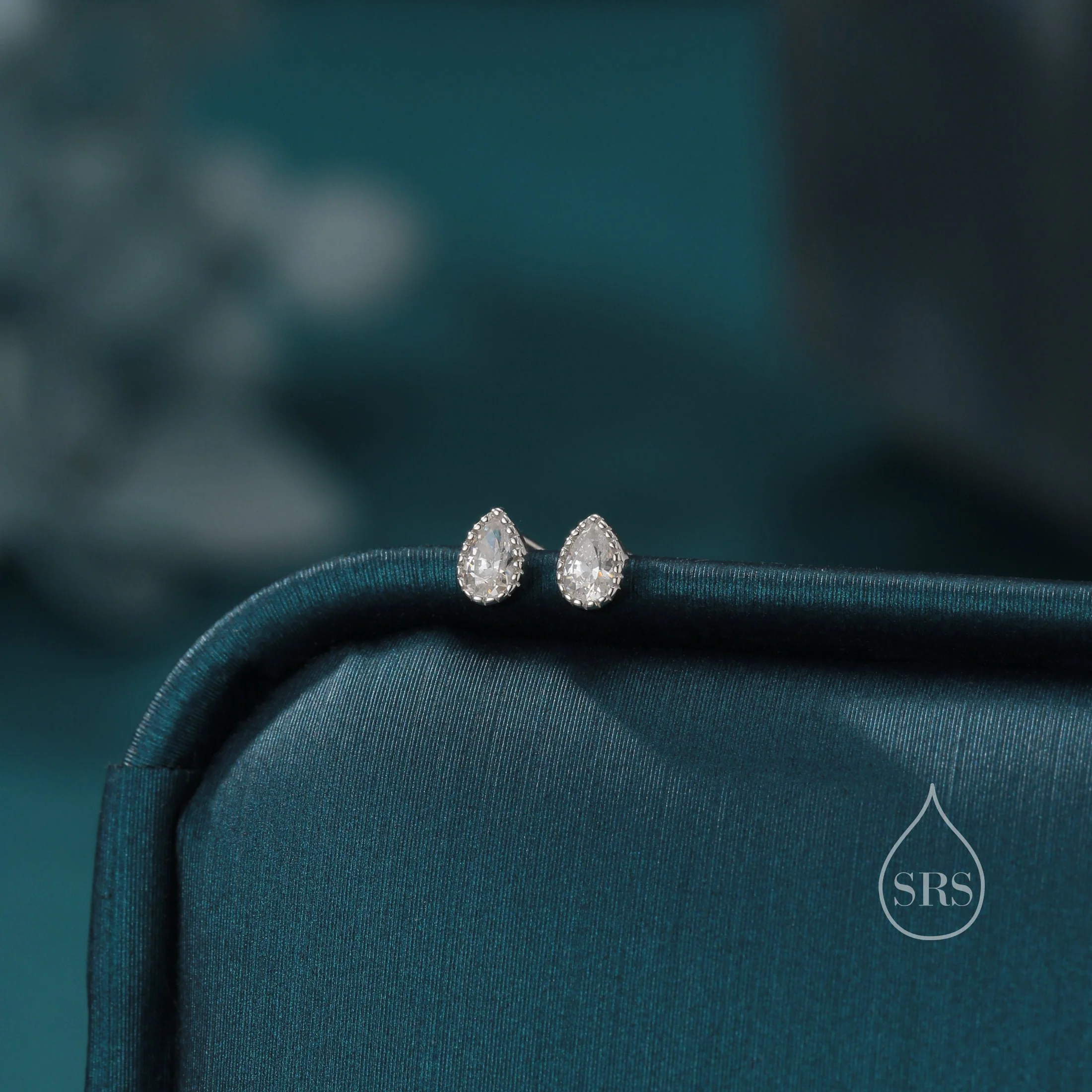 Tiny Droplet CZ Stud Earrings in Sterling Silver, Pear Cut CZ Stud Extra Tiny, Stacking Earrings, Dotted Bezel Vintage Inspired Design - Image 8
