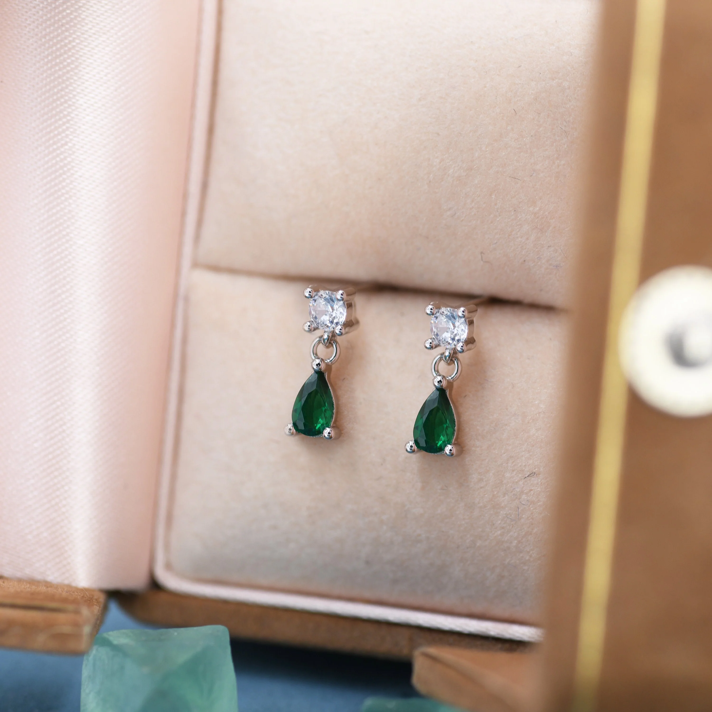 Tiny Emerald Green CZ Dangle Stud Earrings in Sterling Silver with Round and Droplet CZ, Silver or Gold, Two CZ Prong Set Earrings - Image 2