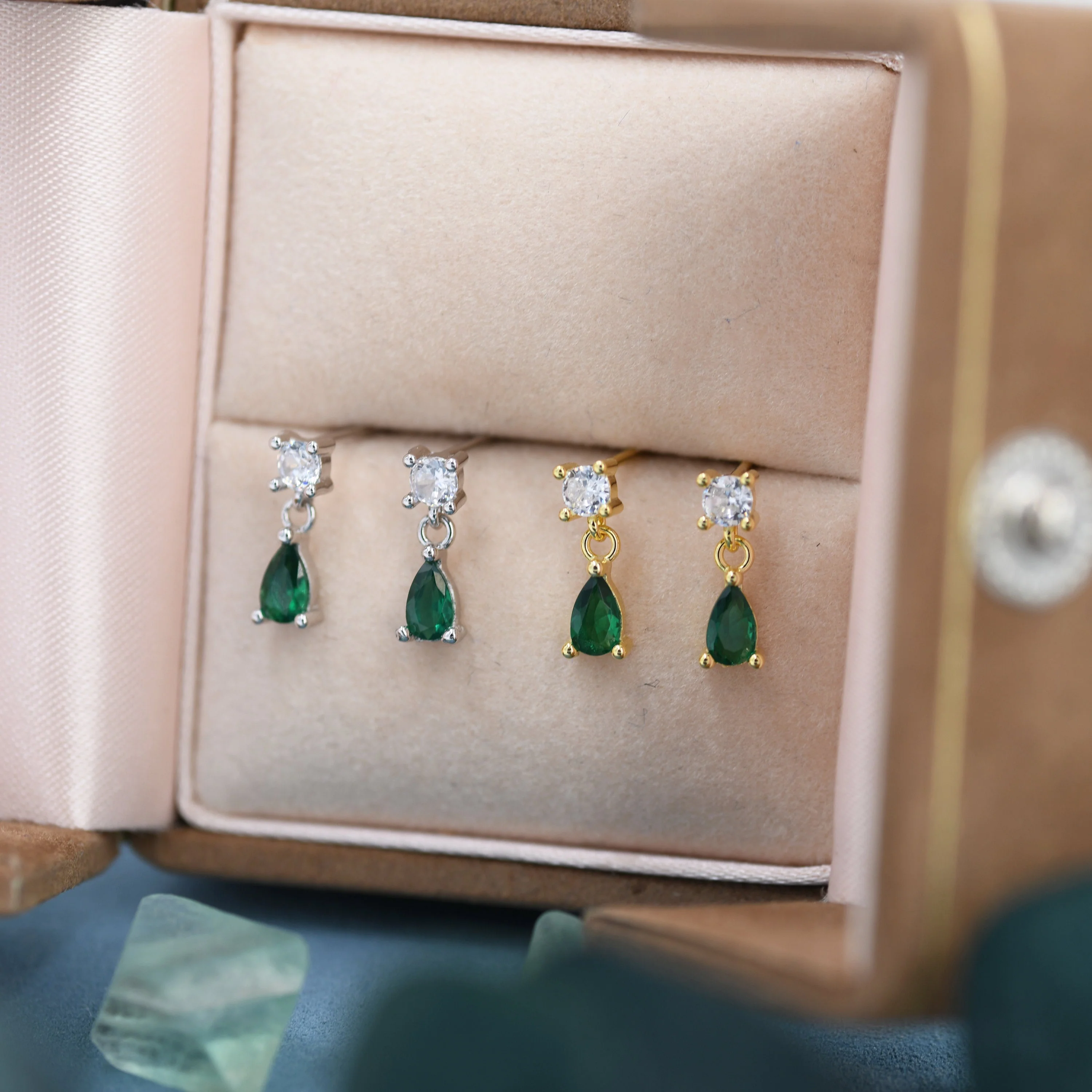 Tiny Emerald Green CZ Dangle Stud Earrings in Sterling Silver with Round and Droplet CZ, Silver or Gold, Two CZ Prong Set Earrings - Image 5