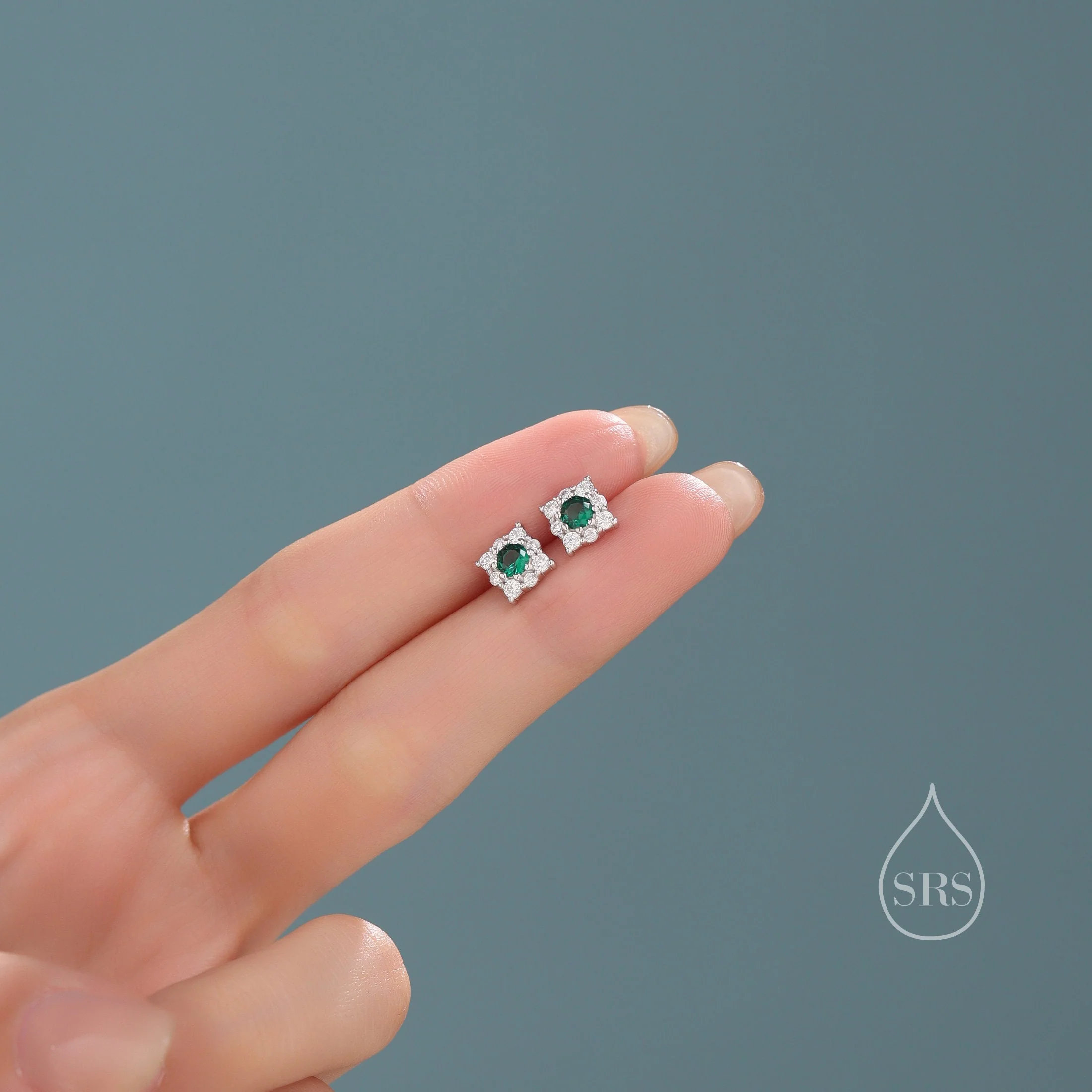 Tiny Emerald Green CZ Halo Stud Earrings in Sterling Silver, Silver or Gold, Vintage Inspired, Tiny CZ Stud Earrings, May Birthstone - Image 2