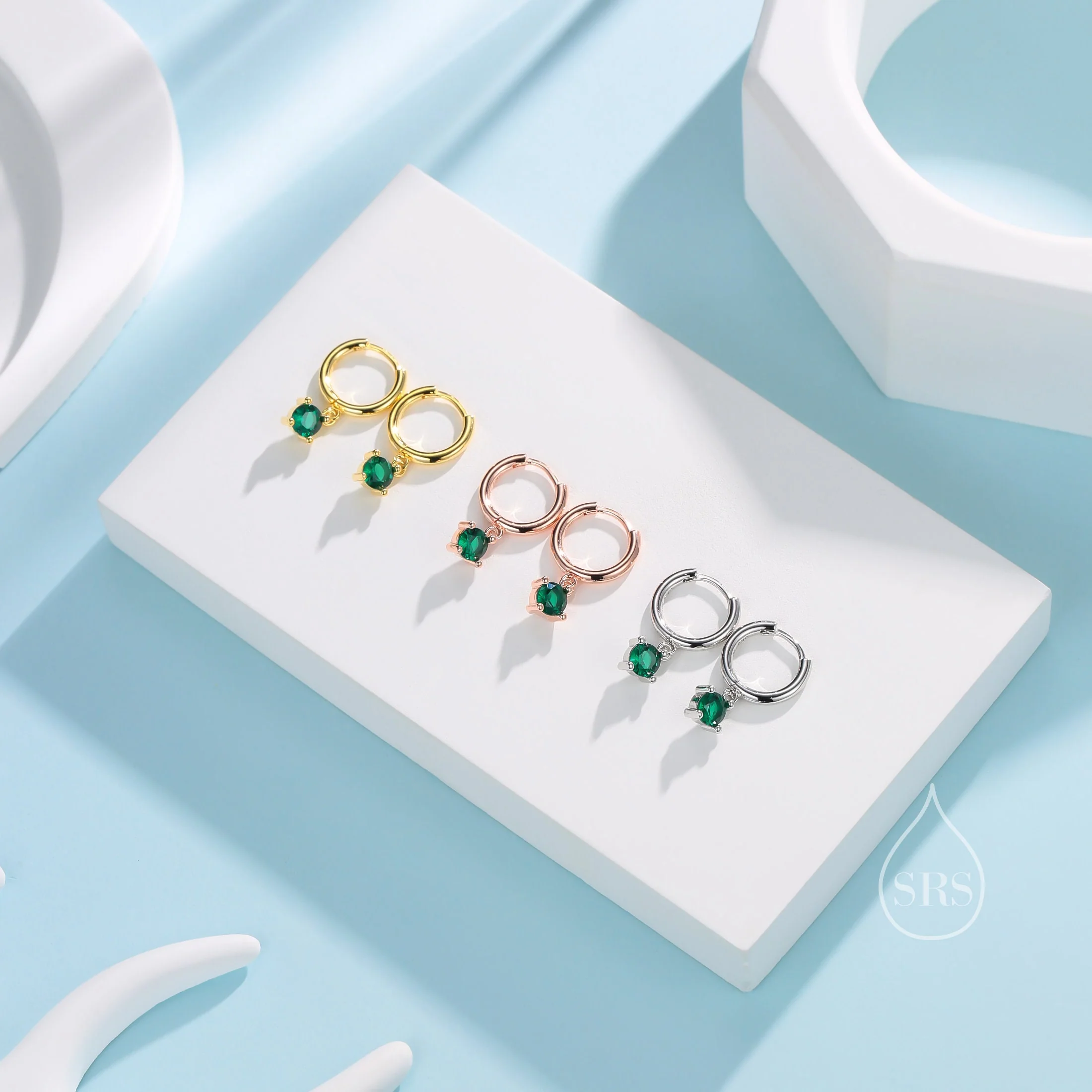 Tiny Emerald Green CZ Huggie Hoop in Sterling Silver, Silver or Gold or Rose Gold, Minimalist Simple Hoop Earrings, 4mm CZ Hoops - Image 3