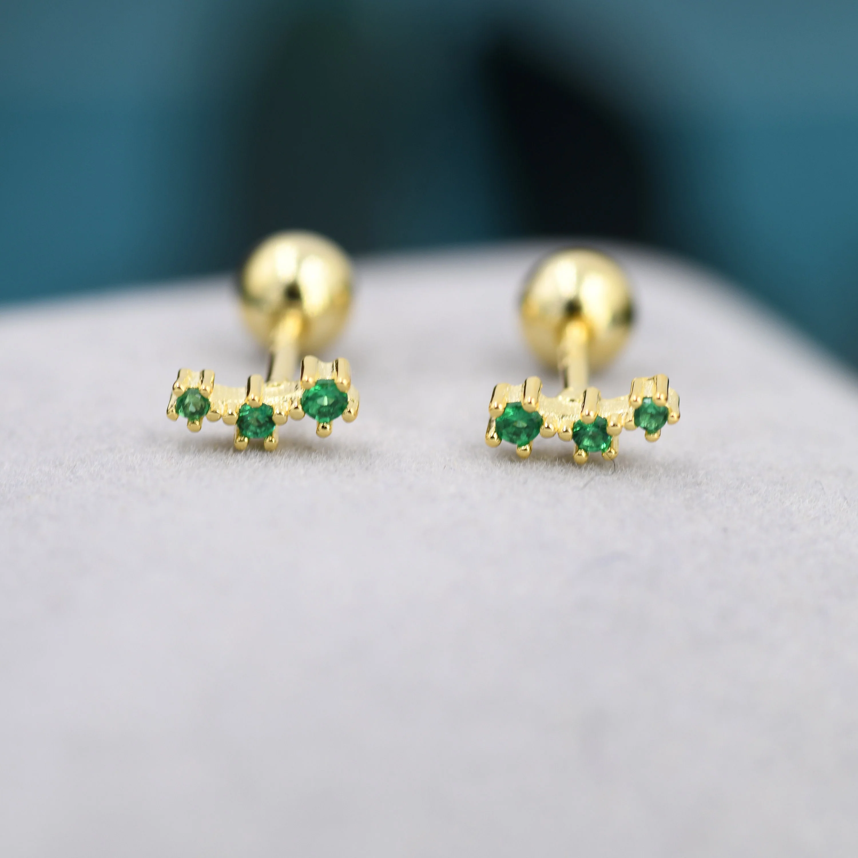 Tiny Emerald Green CZ Trio Screw Back Earrings in Sterling Silver, Silver or Gold, Tiny Three Star CZ Barbell Earrings, Stacking Earrings - Image 5