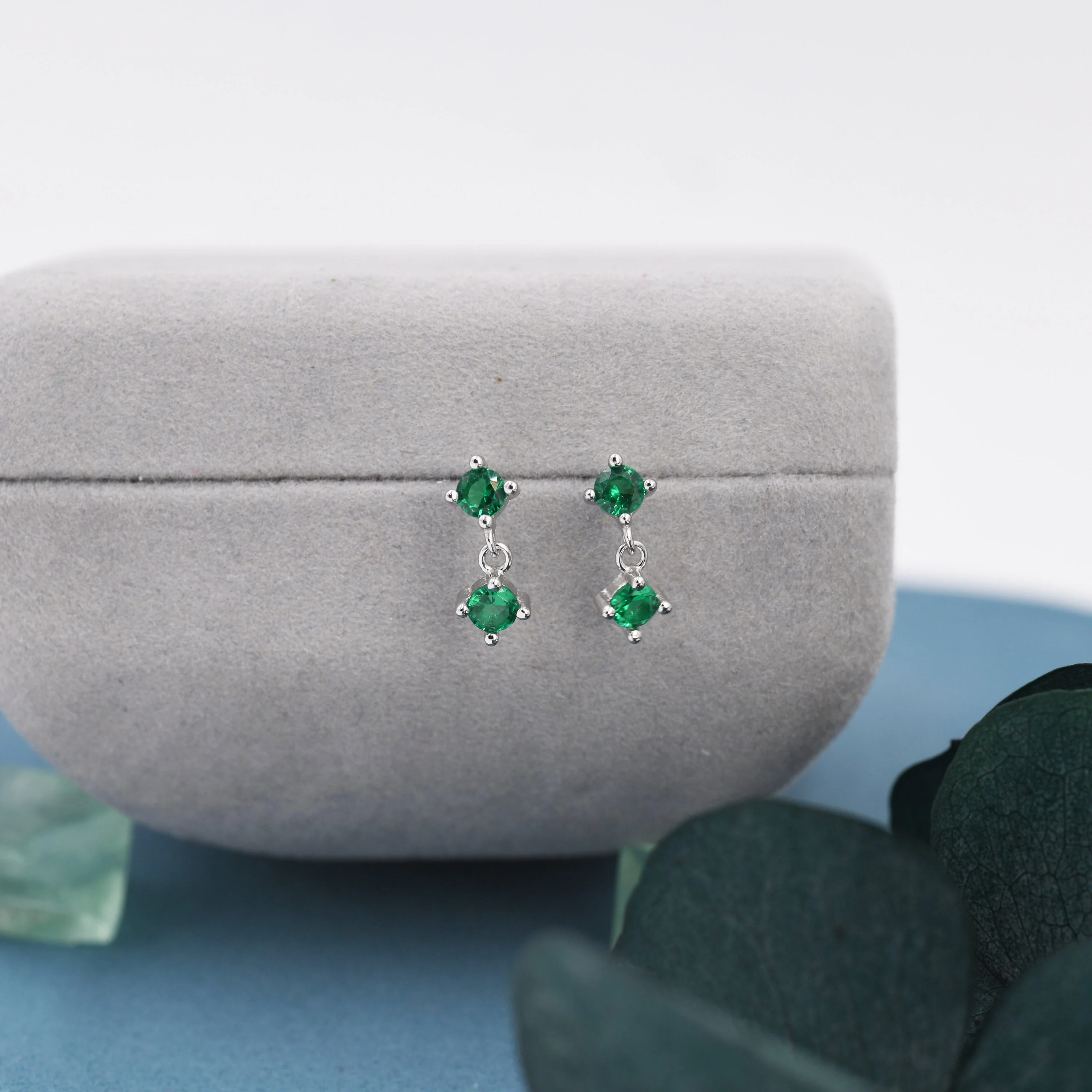 Tiny Emerald Green Double CZ Dangle Stud Earrings in Sterling Silver, Silver or Gold, Two CZ Prong Earrings, Solid Silver Crystal Earring - Image 2