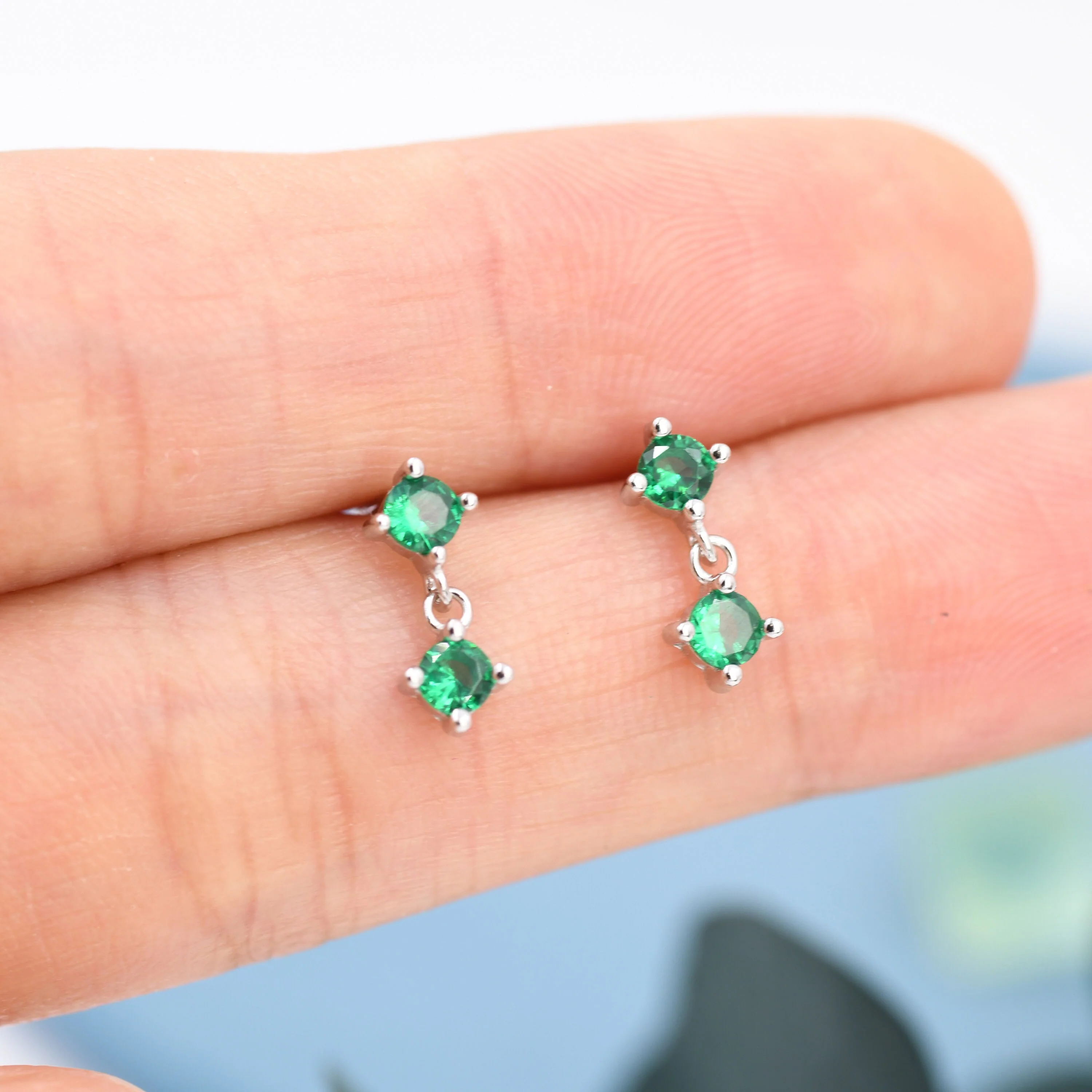 Tiny Emerald Green Double CZ Dangle Stud Earrings in Sterling Silver, Silver or Gold, Two CZ Prong Earrings, Solid Silver Crystal Earring - Image 5