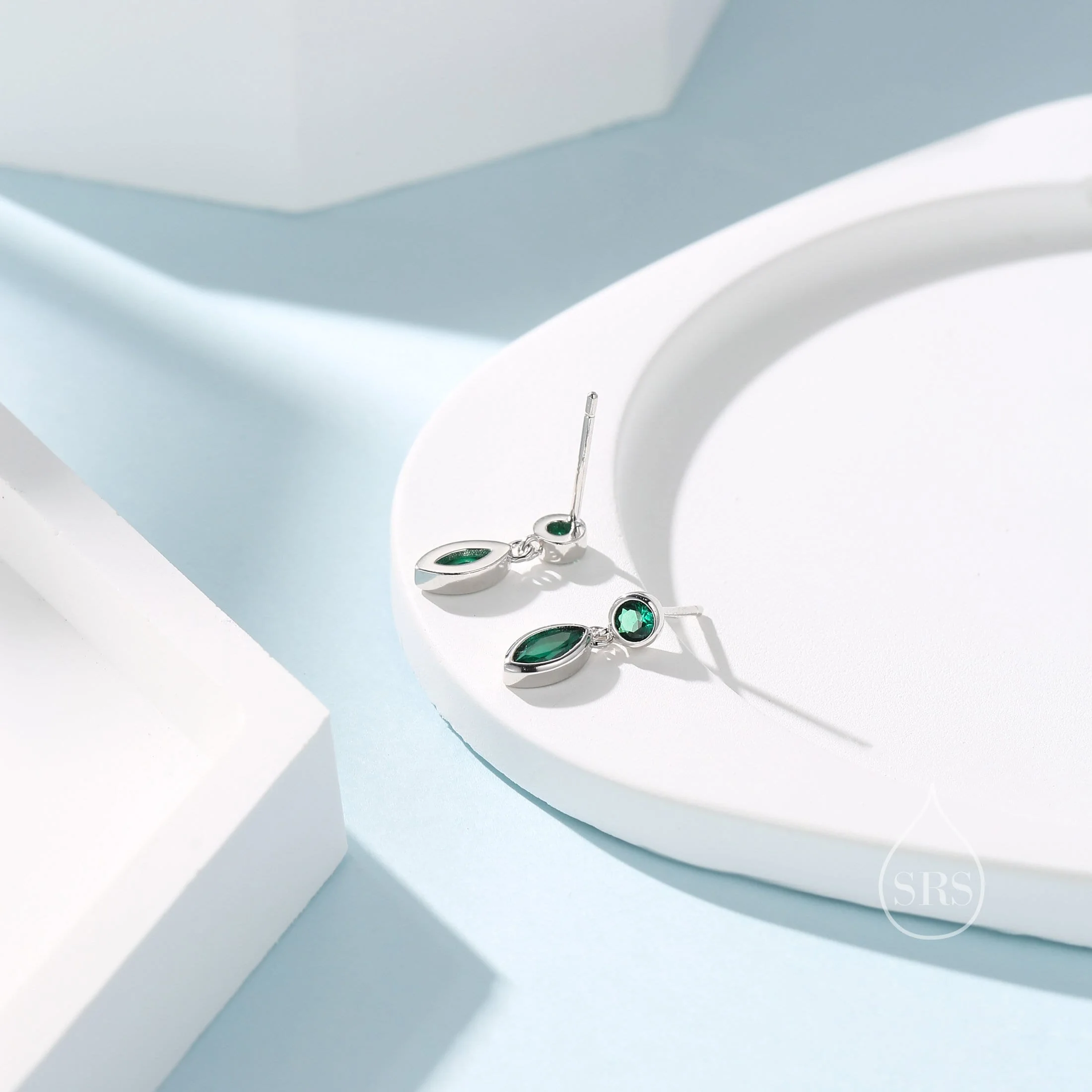 Tiny Emerald Green Double CZ Stud Earrings in Sterling Silver with Round and Marquise CZ, Silver or Gold, Bezel Set Earrings - Image 2