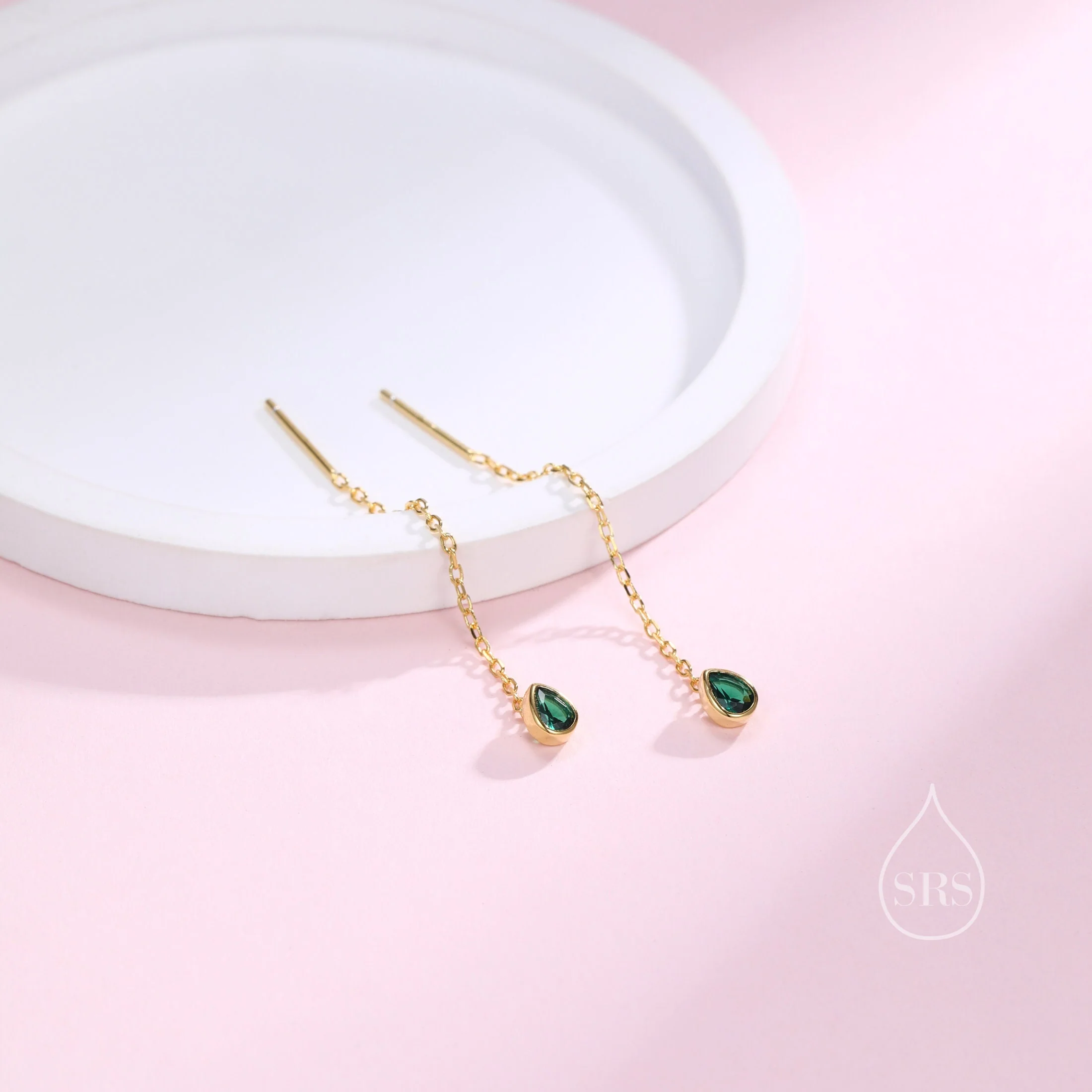 Tiny Emerald Green Droplet Bezel CZ Crystal Threader Earrings in Sterling Silver, Silver or Gold, Minimalist Pear Cut Ear Threaders - Image 5