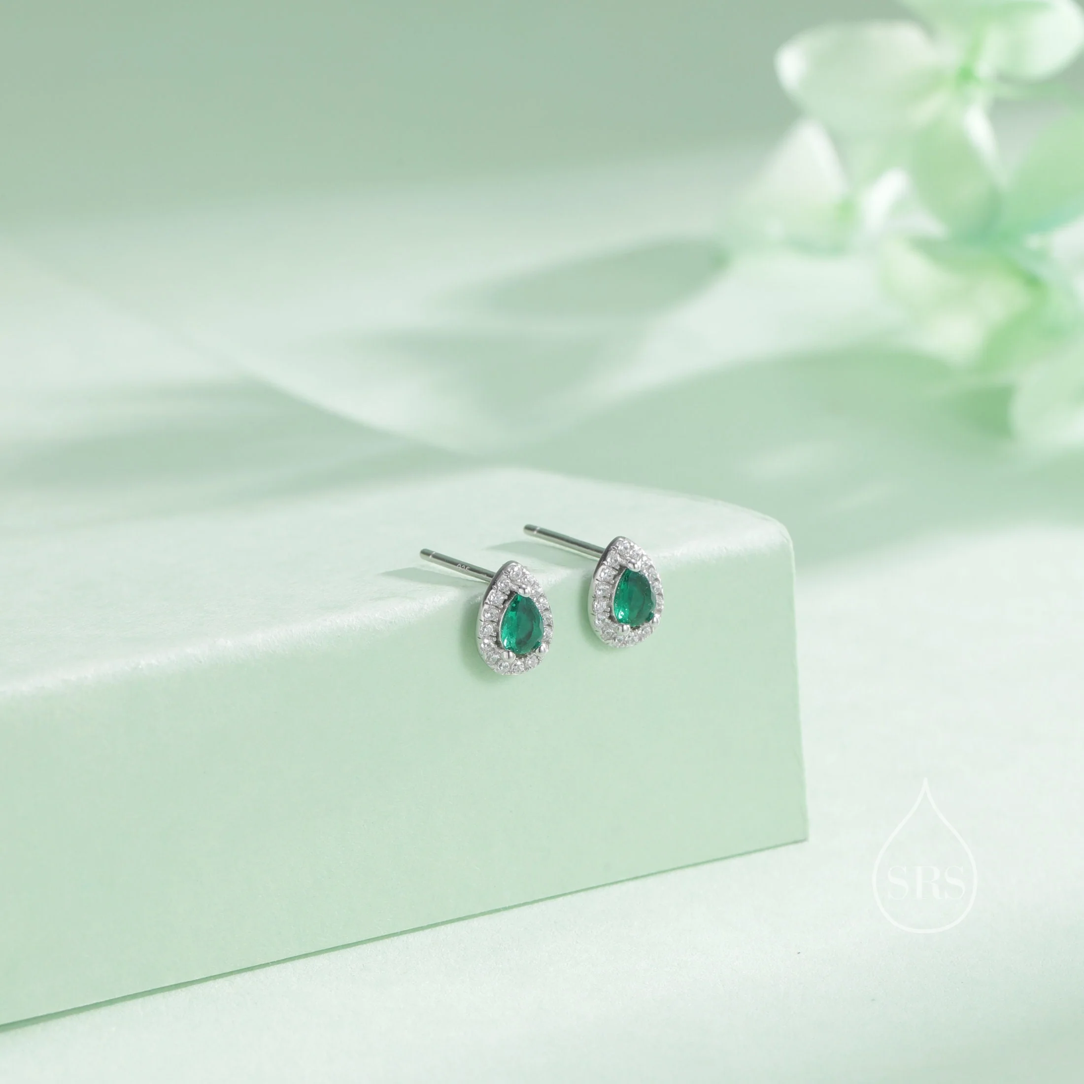 Tiny Emerald Green Droplet CZ Halo Stud Earrings in Sterling Silver, Silver or Gold, Tiny Pear Cut CZ Stud Earrings, May Birthstone - Image 3