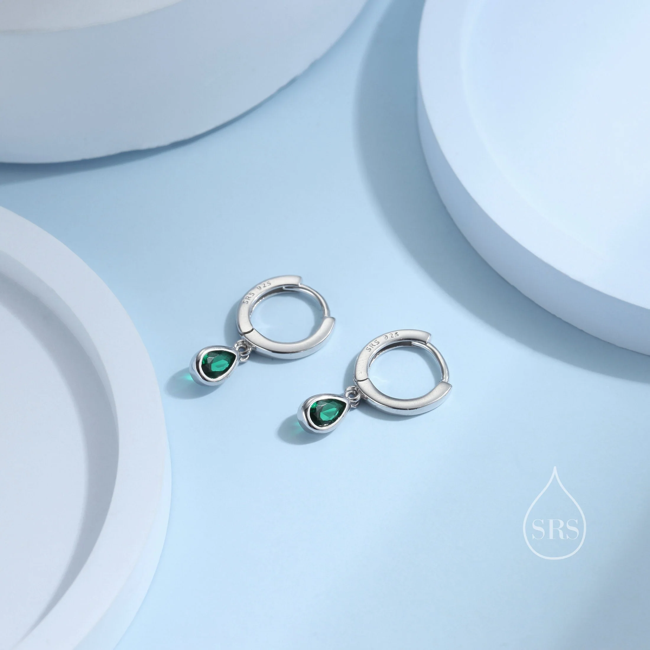 Tiny Emerald Green Droplet CZ Huggie Hoop Earrings in Sterling Silver, Silver or Gold, Geometric Hoop Earrings