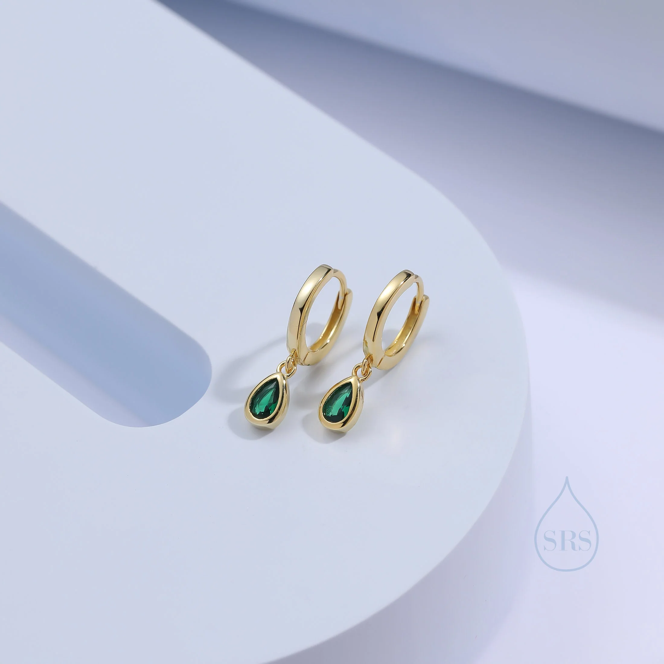 Tiny Emerald Green Droplet CZ Huggie Hoop Earrings in Sterling Silver, Silver or Gold, Geometric Hoop Earrings - Image 3