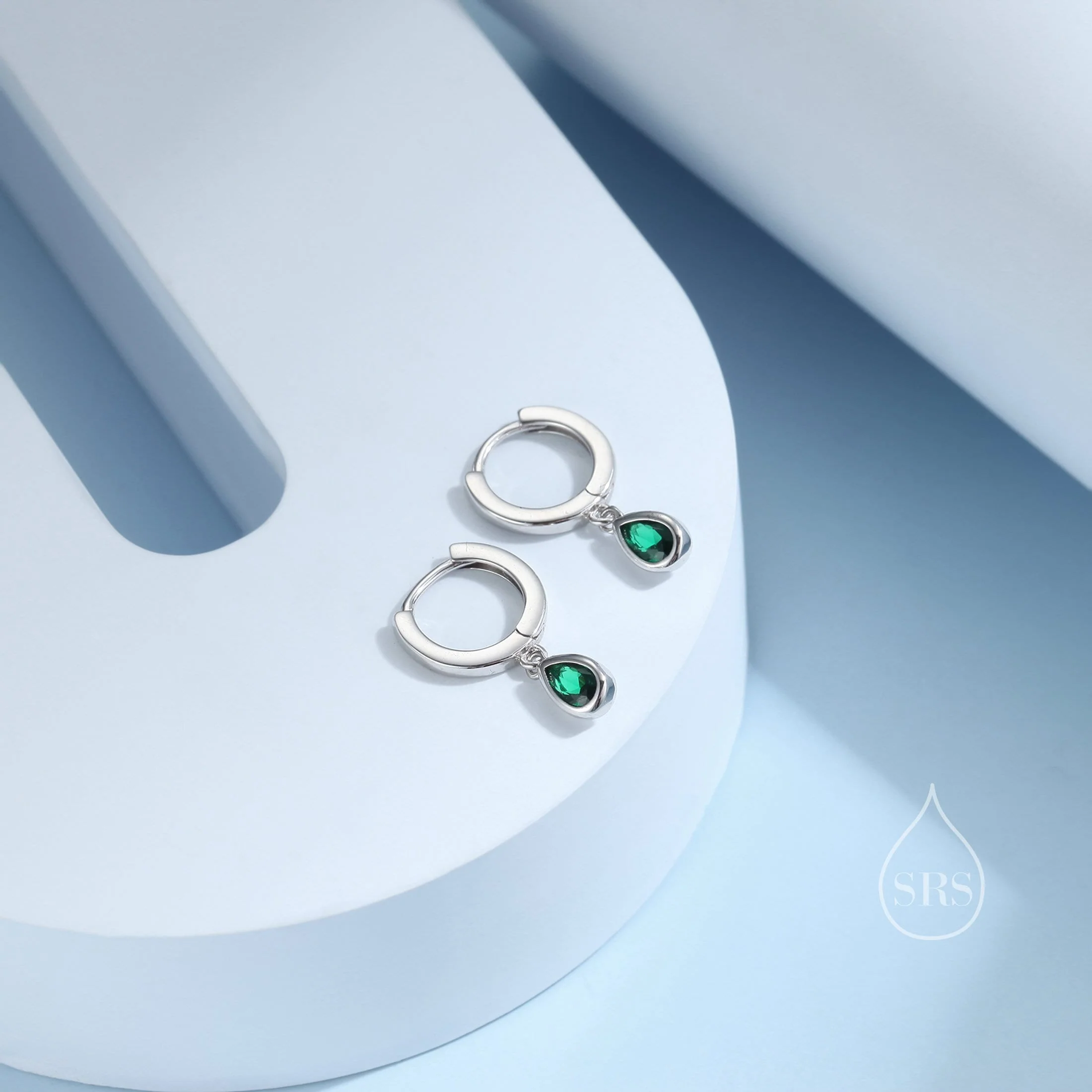 Tiny Emerald Green Droplet CZ Huggie Hoop Earrings in Sterling Silver, Silver or Gold, Geometric Hoop Earrings - Image 4