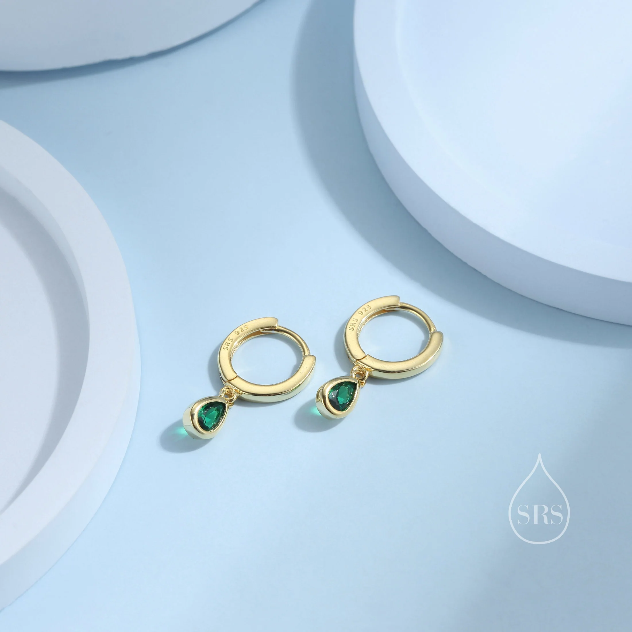 Tiny Emerald Green Droplet CZ Huggie Hoop Earrings in Sterling Silver, Silver or Gold, Geometric Hoop Earrings - Image 6