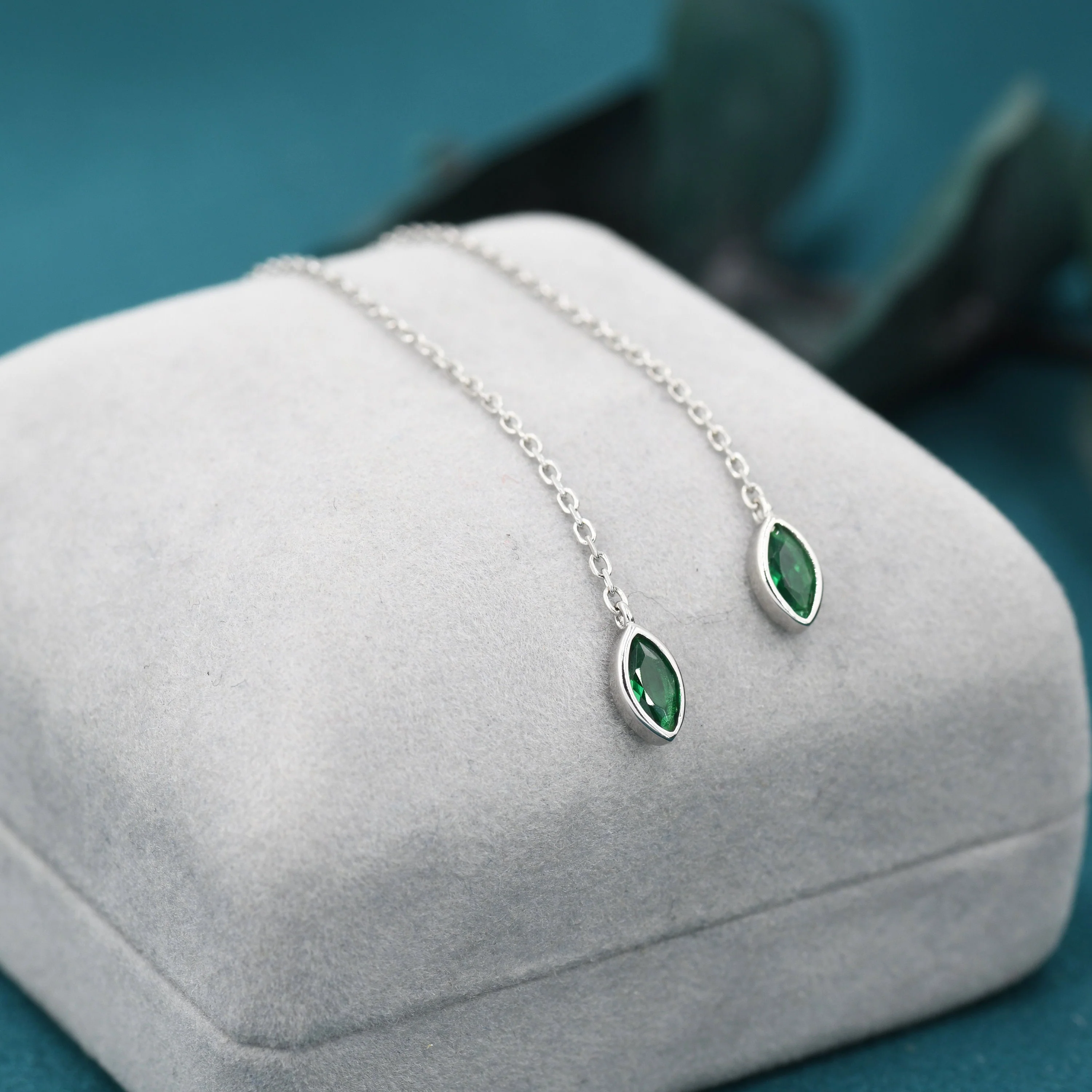 Tiny Emerald Green Marquise CZ Threader Earrings in Sterling Silver, Silver or Gold, Marquise Cut CZ Ear Threaders, Sparkly Threaders - Image 2