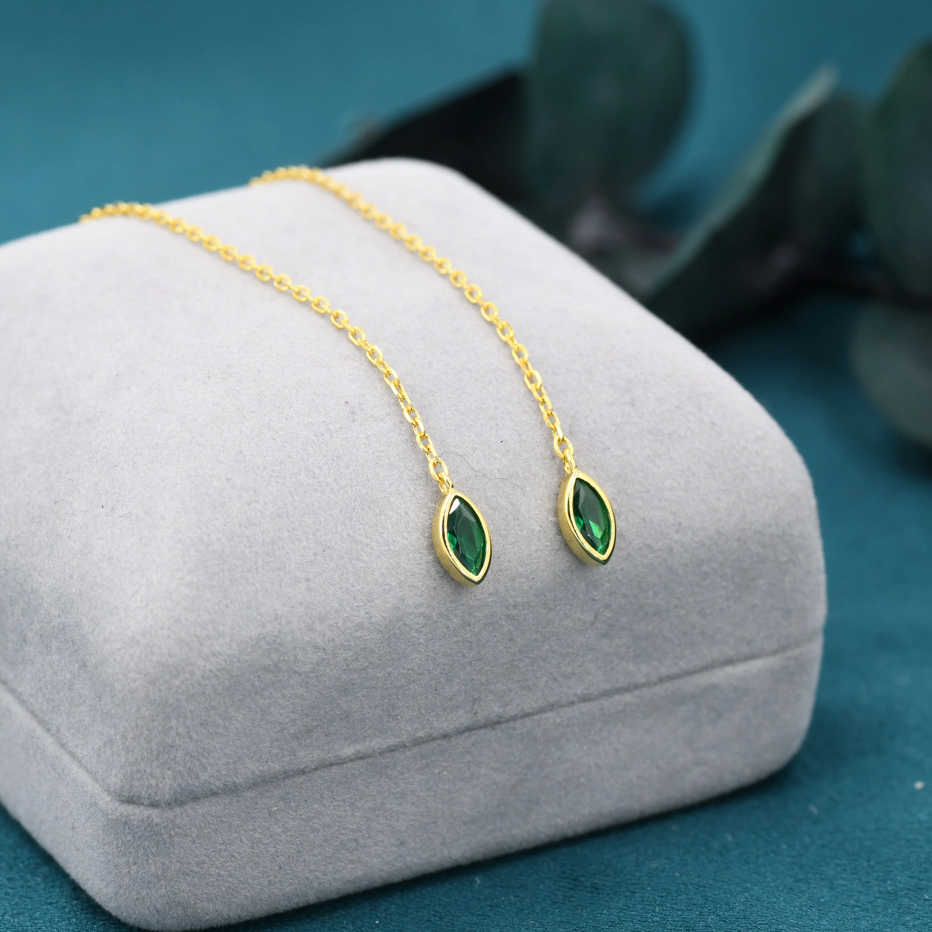 Tiny Emerald Green Marquise CZ Threader Earrings in Sterling Silver, Silver or Gold, Marquise Cut CZ Ear Threaders, Sparkly Threaders - Image 3