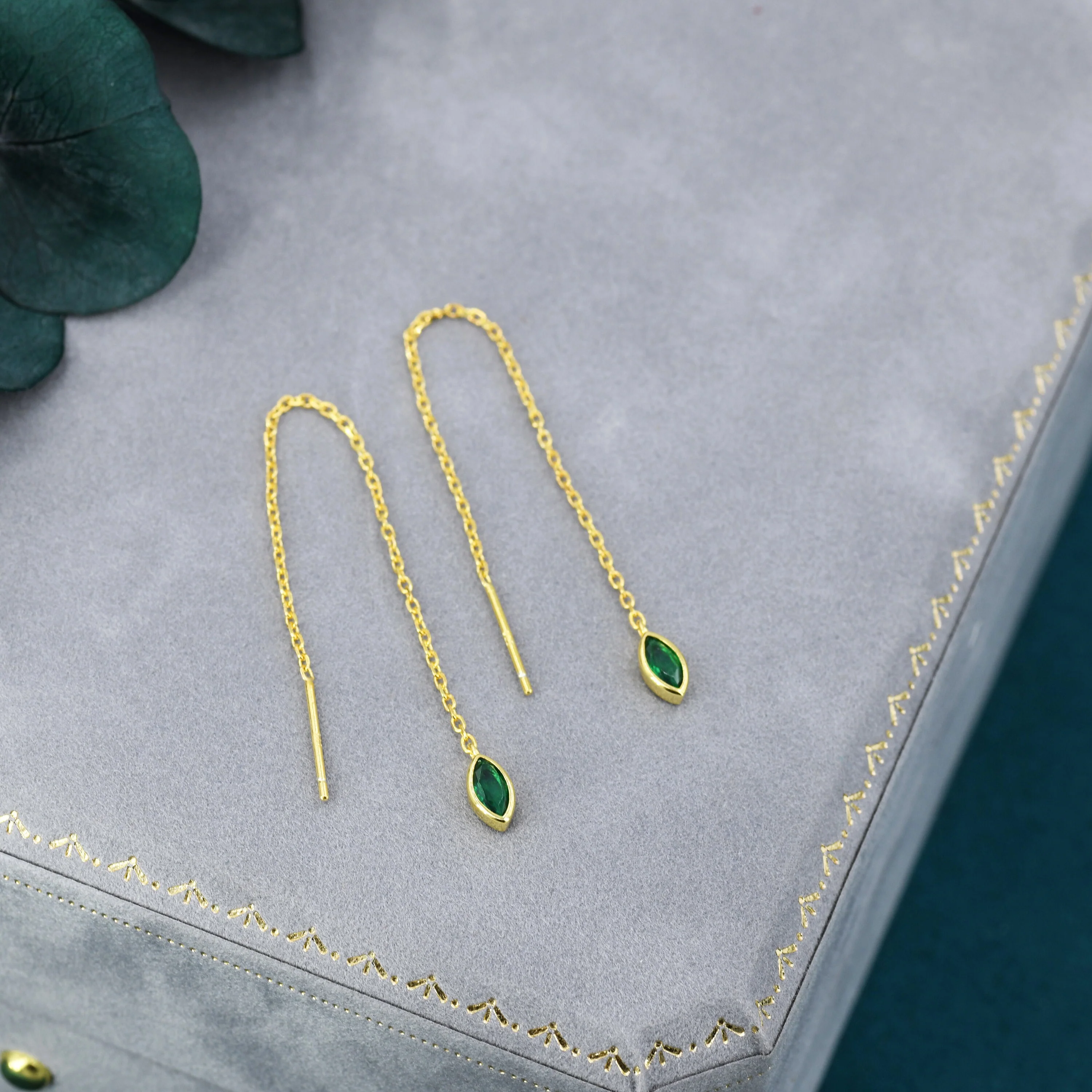 Tiny Emerald Green Marquise CZ Threader Earrings in Sterling Silver, Silver or Gold, Marquise Cut CZ Ear Threaders, Sparkly Threaders - Image 4
