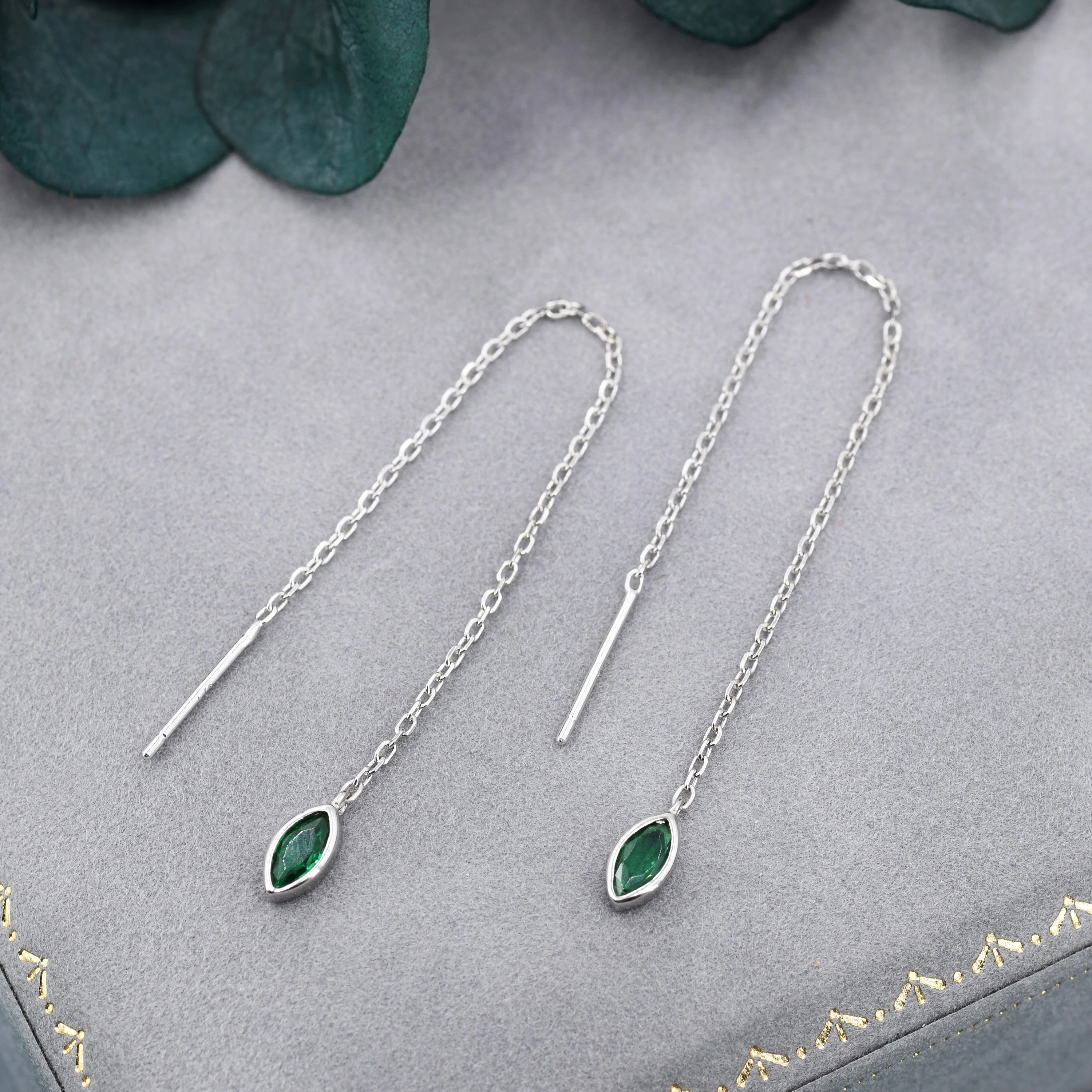 Tiny Emerald Green Marquise CZ Threader Earrings in Sterling Silver, Silver or Gold, Marquise Cut CZ Ear Threaders, Sparkly Threaders - Image 5