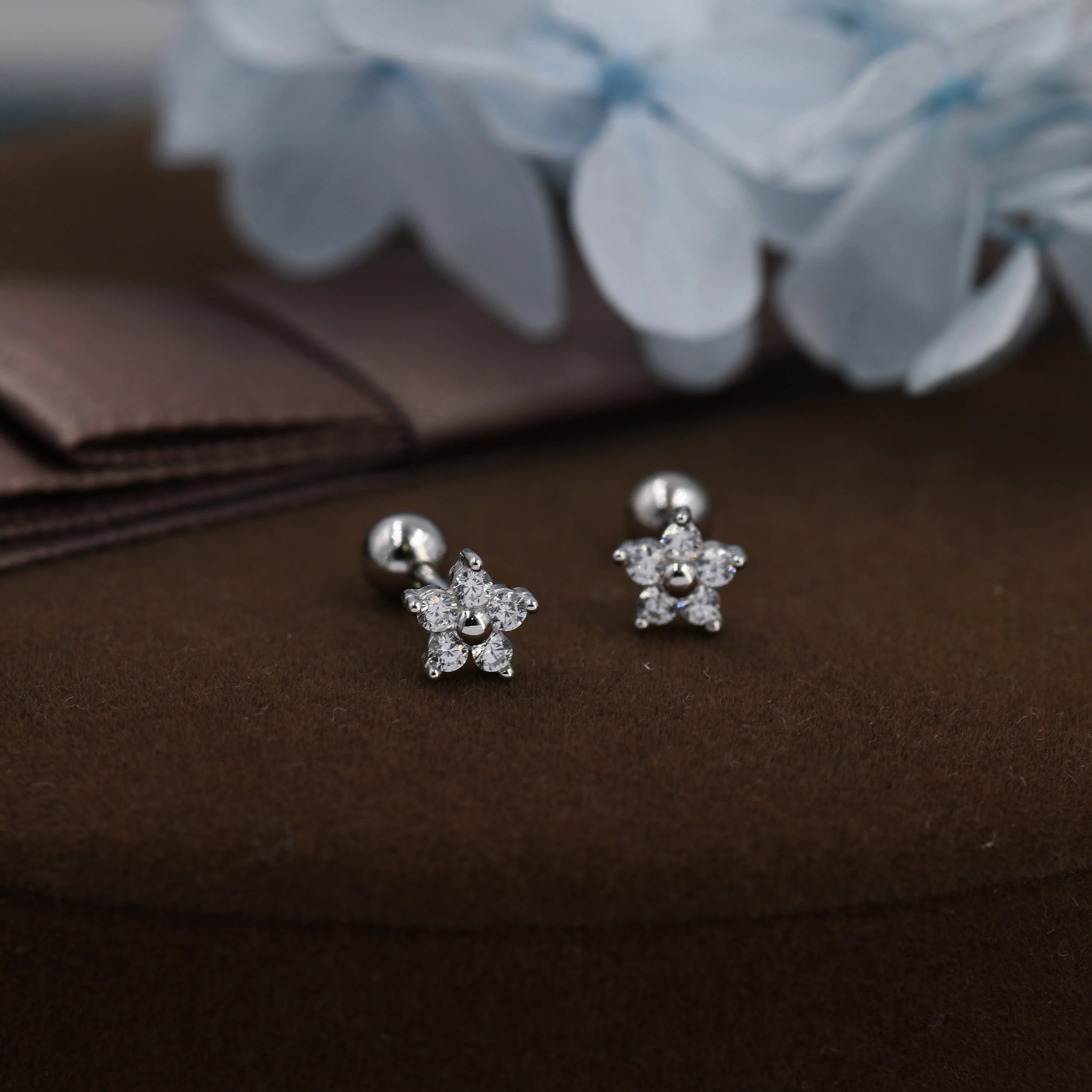 Tiny Flower CZ Screw Back Earrings in Sterling Silver, Forget Me Not Floral CZ Earrings, Silver, Gold and Rose Gold, Flower CZ Earrings - Image 4