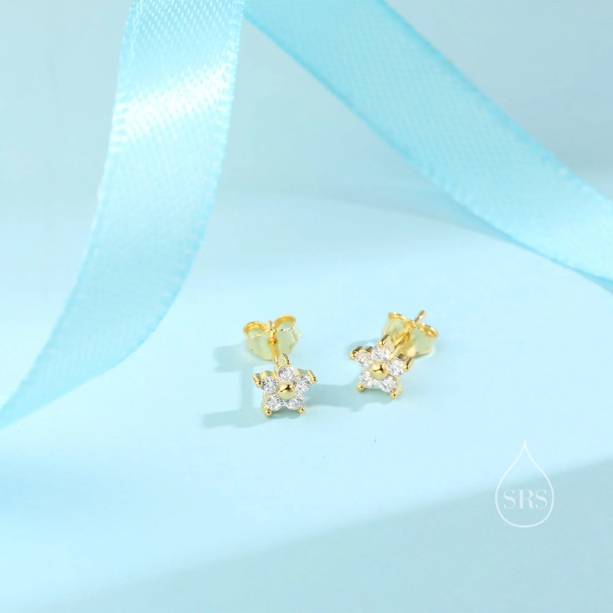 Tiny Flower CZ Stud Earrings in Sterling Silver, Forget Me Not Floral CZ Earrings, Silver, Gold and Rose Gold, Flower CZ Earrings - Image 5