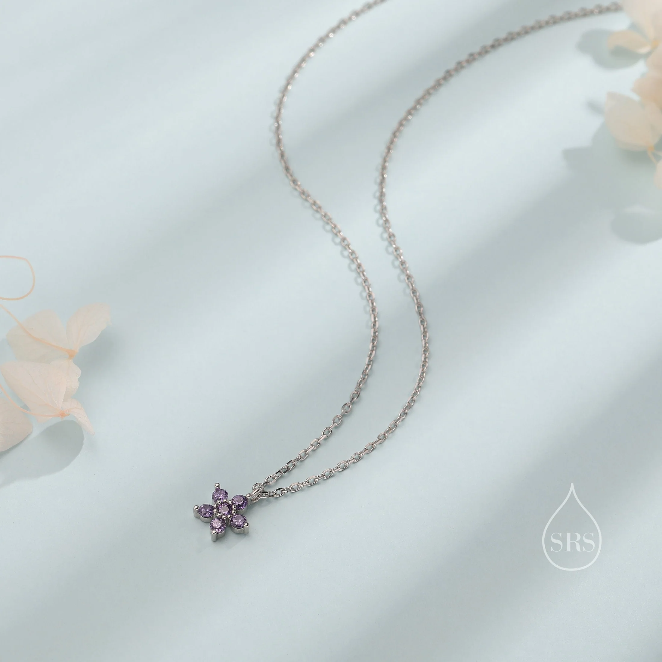 Extra Tiny Forget Me Not Flower CZ Necklace in Sterling Silver, Silver or Gold, Various Colours, Tiny CZ Flower Pendant - Image 6
