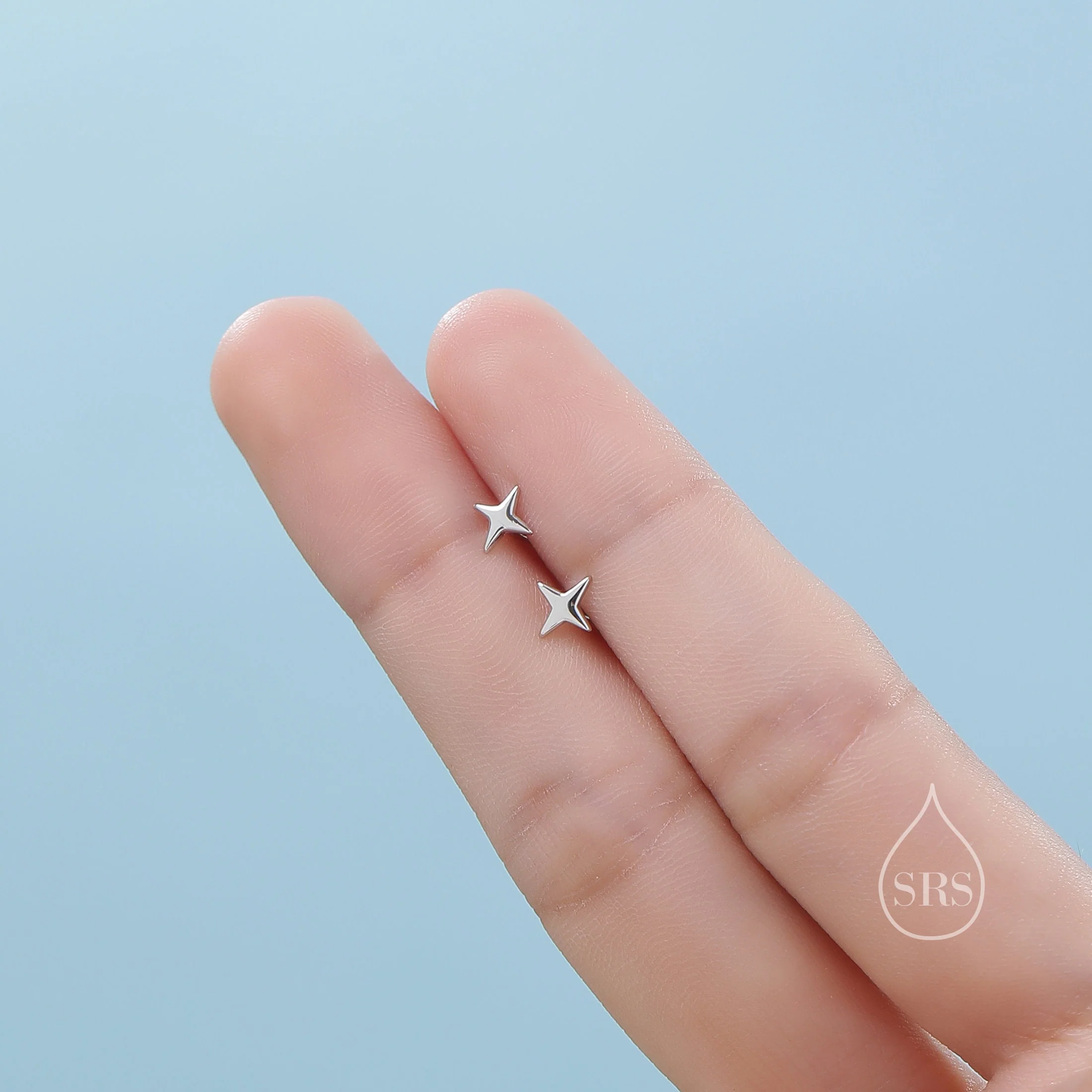 Tiny Four Point Star 18G Screw back Earrings in Sterling Silver - Image 4