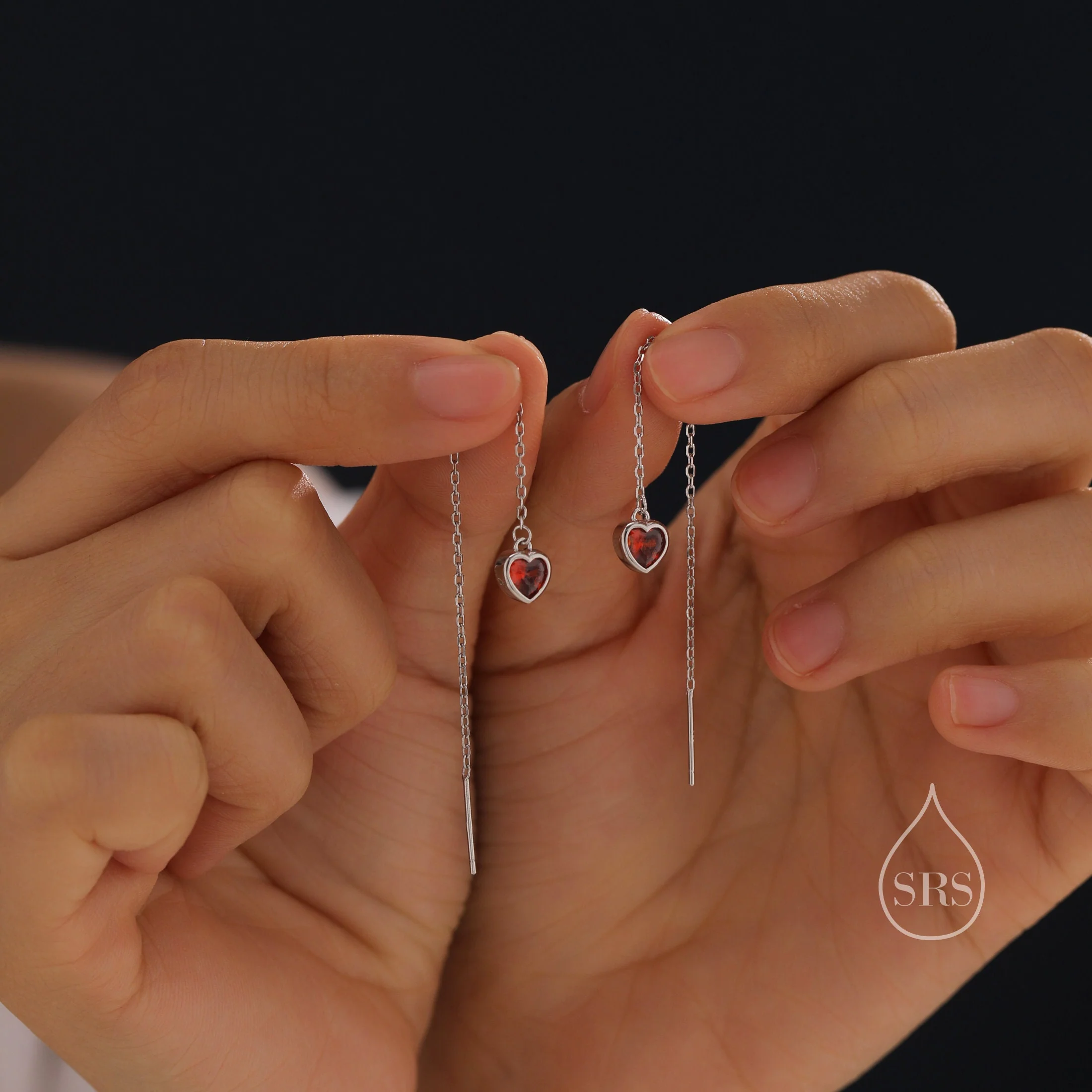 Tiny Garnet Red CZ Heart Threader Earrings in Sterling Silver, 9cm, Silver or Gold, Dainty Heart Ear Threaders, Delicate Heart Threaders - Image 3