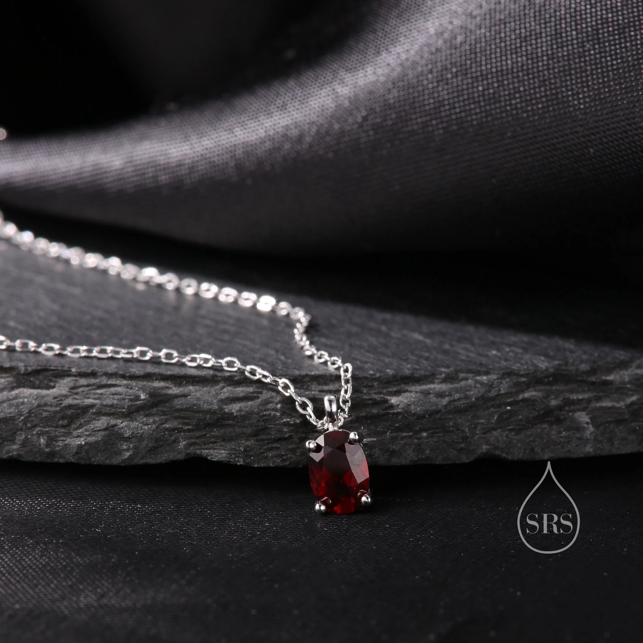 Tiny Genuine Garnet Crystal Oval Pendant Necklace in Sterling Silver, 5x7mm Tiny Oval Garnet Necklace, January Birthstone - Image 3