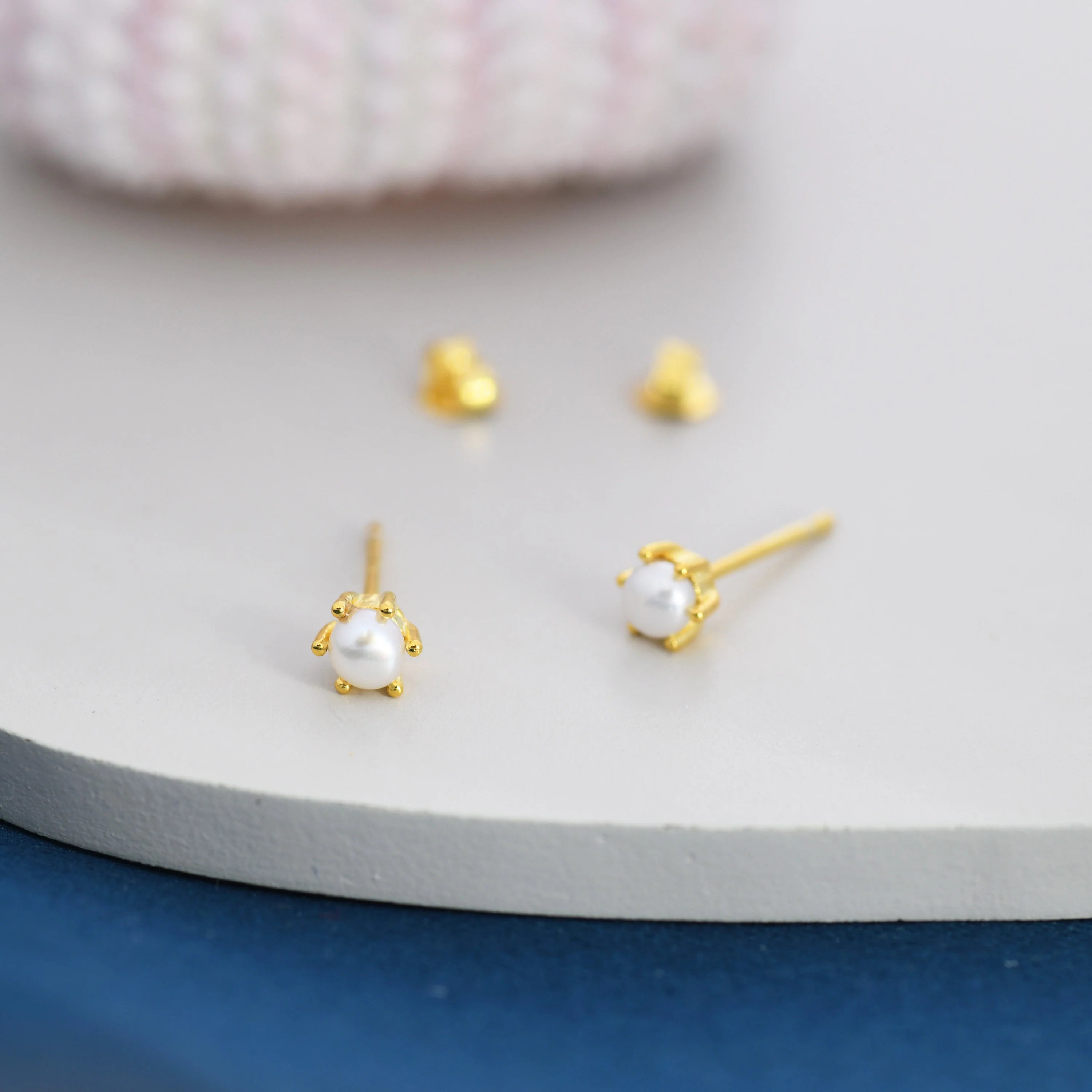 Tiny Genuine Pearl Stud Earrings in Sterling Silver, Silver or Gold, 3mm, Six Prong Natural Pearl Earrings, Freshwater Pearl Earrings - Image 2