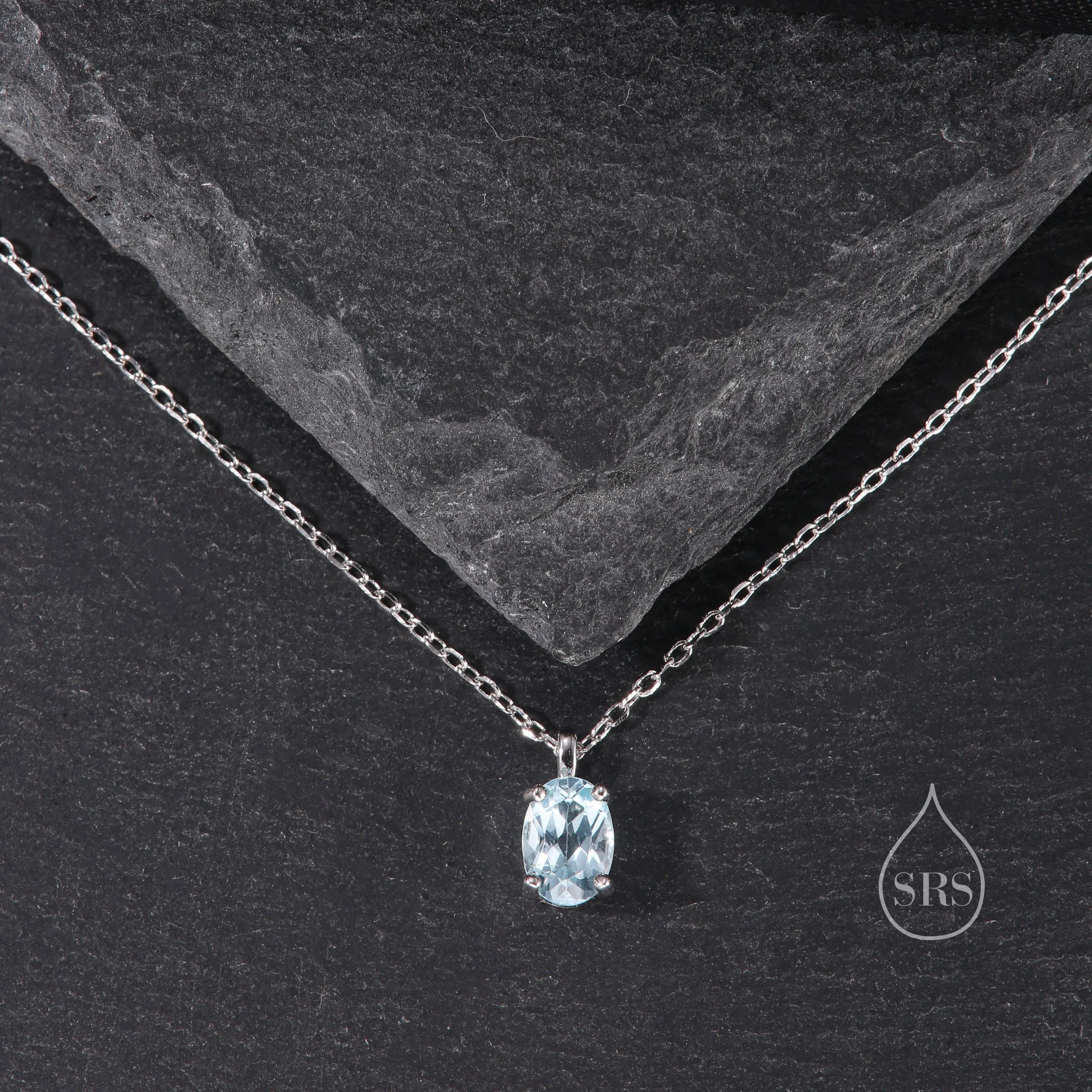 Tiny Genuine Swiss Blue Topaz Crystal Oval Pendant Necklace in Sterling Silver, 5x7mm Tiny Oval Blue Topaz Necklace, March Birthstone - Image 4