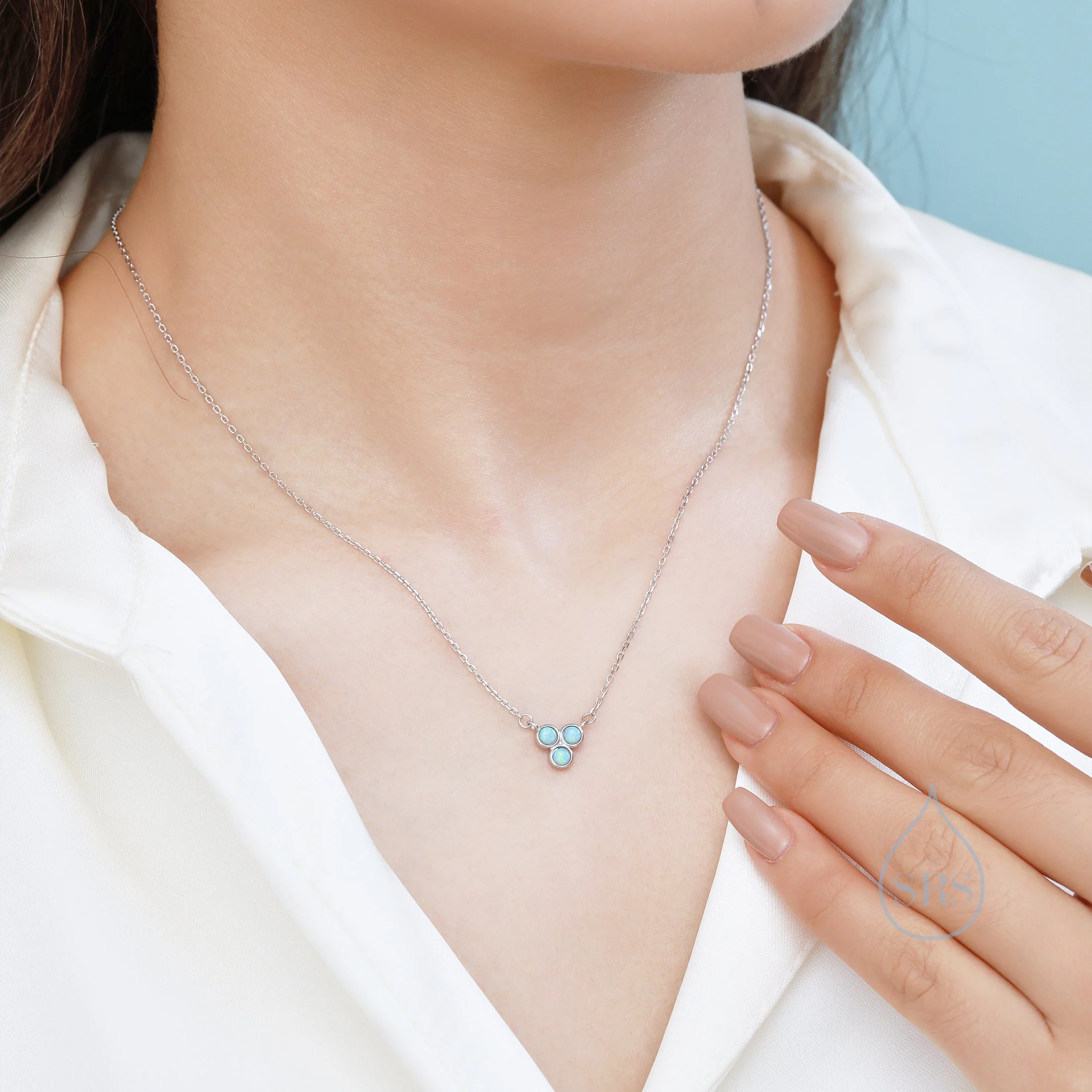 Tiny Green Opal Trio Pendant Necklace in Sterling Silver, Green Opal, Tiny Opal Necklace, Three Tiny Lab Opal Pendant - Image 5