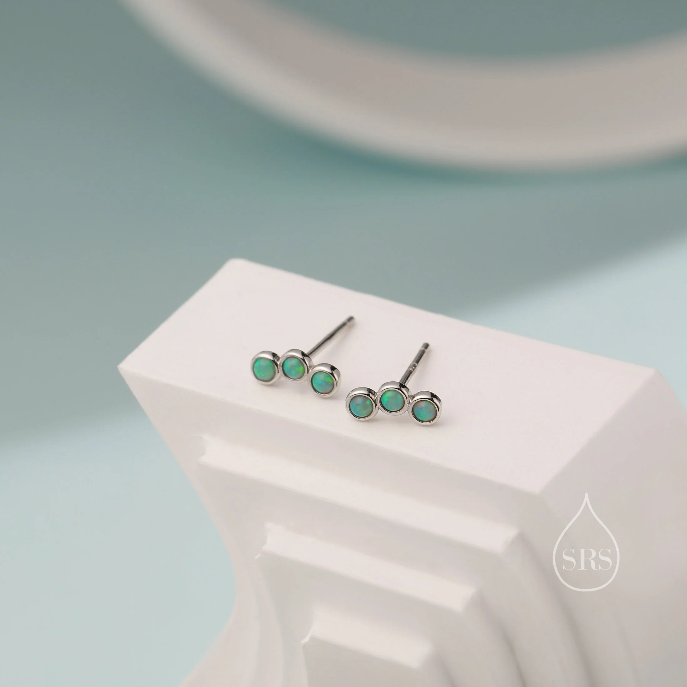 Tiny Green Opal Trio Stud Earrings in Sterling Silver, Silver or Gold, Curved Bar Three Opal Earrings, Opal Stud, Small Opal Earrings - Image 7