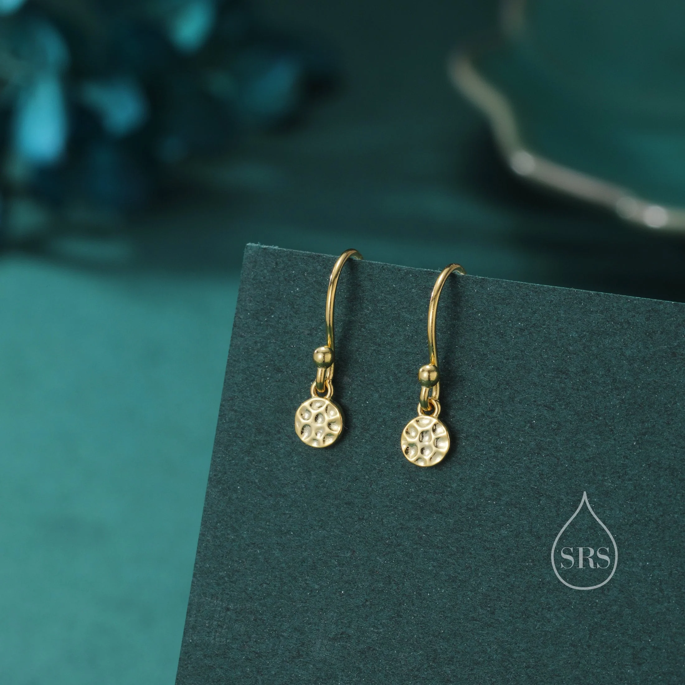 Tiny Hammered Disks Dangle Drop Earrings in Sterling Silver, Silver or Gold or Rose Gold, Minimalist Hammered Disk Earrings - Image 3