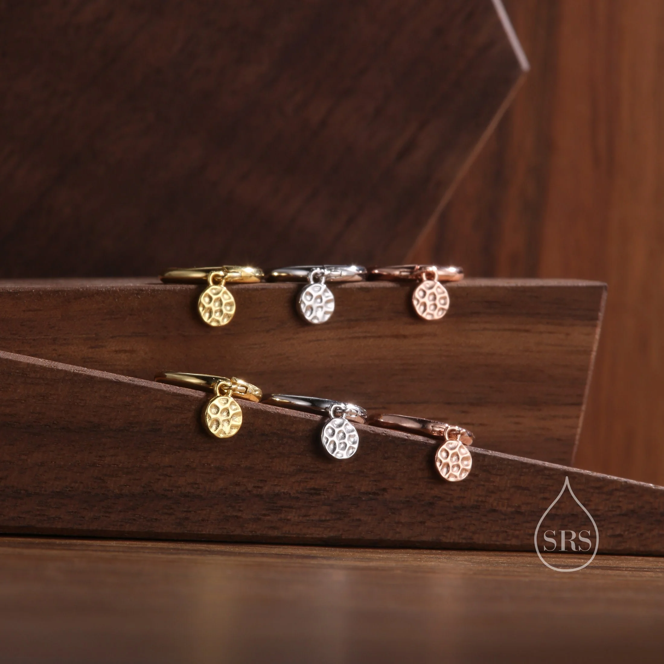 Tiny Hammered Disks Dangle Huggie Hoop in Sterling Silver, Silver or Gold or Rose Gold, Skinny Disks Earrings, Minimalist Hammered Disk Hoop - Image 4