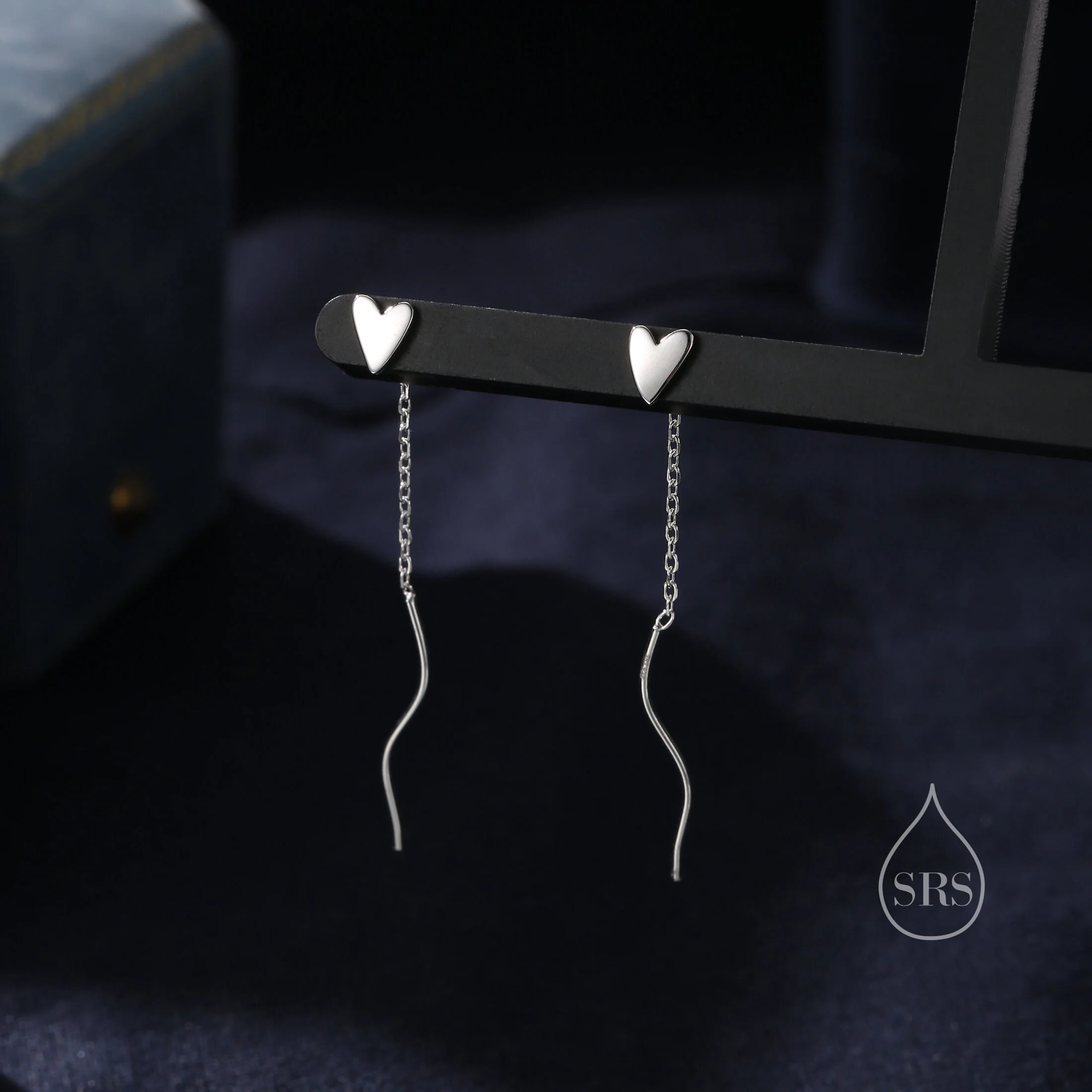 Tiny Heart Threader Earrings in Sterling Silver with Spiral Chains - Image 4