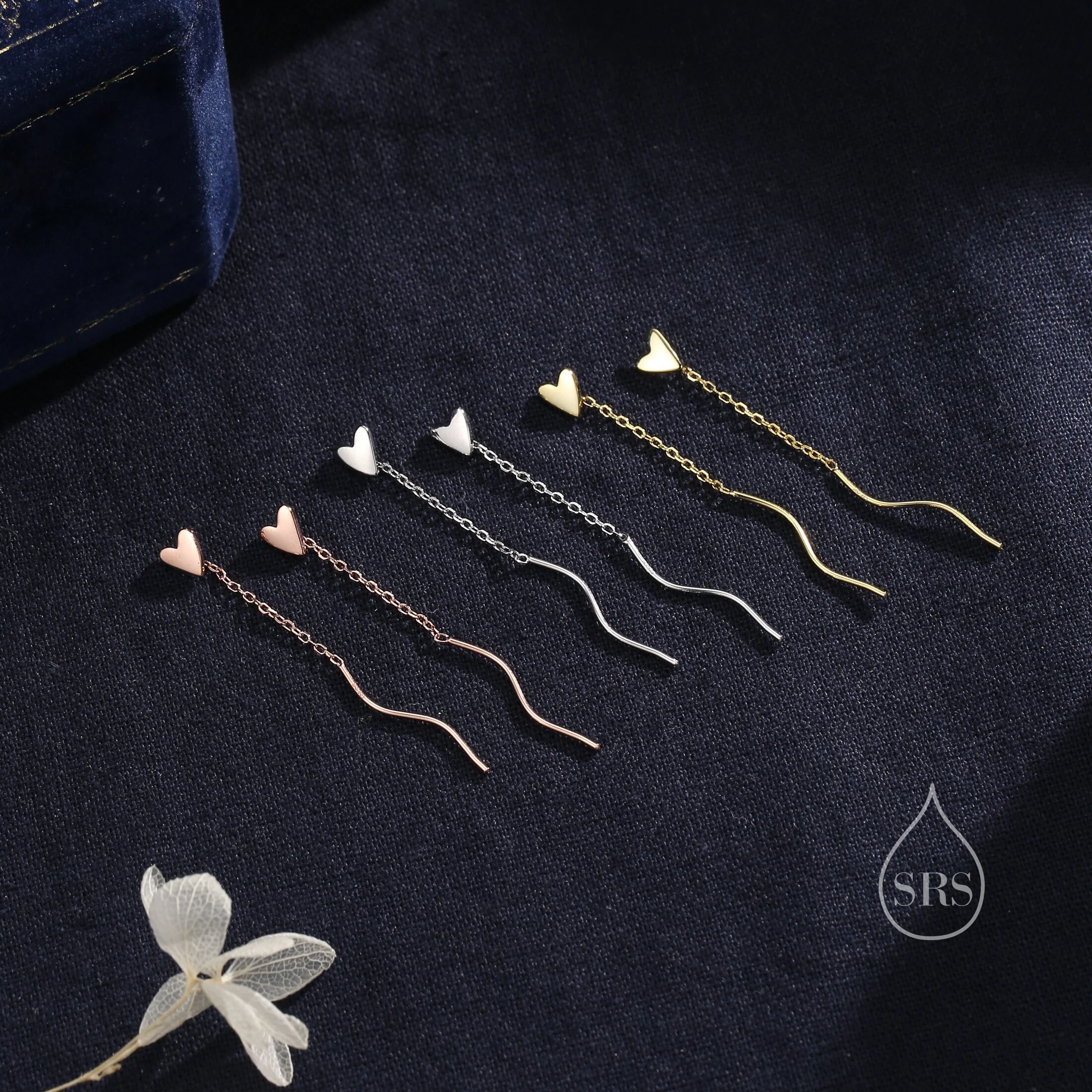 Tiny Heart Threader Earrings in Sterling Silver with Spiral Chains - Image 7