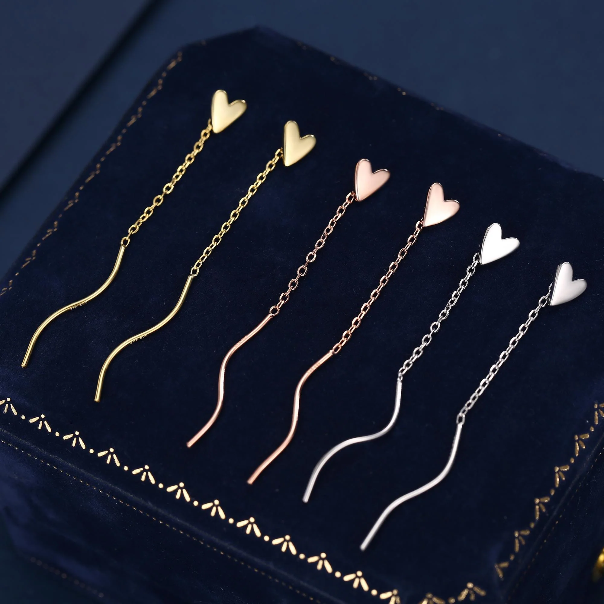 Tiny Heart Threader Earrings in Sterling Silver with Spiral Chains - Image 9