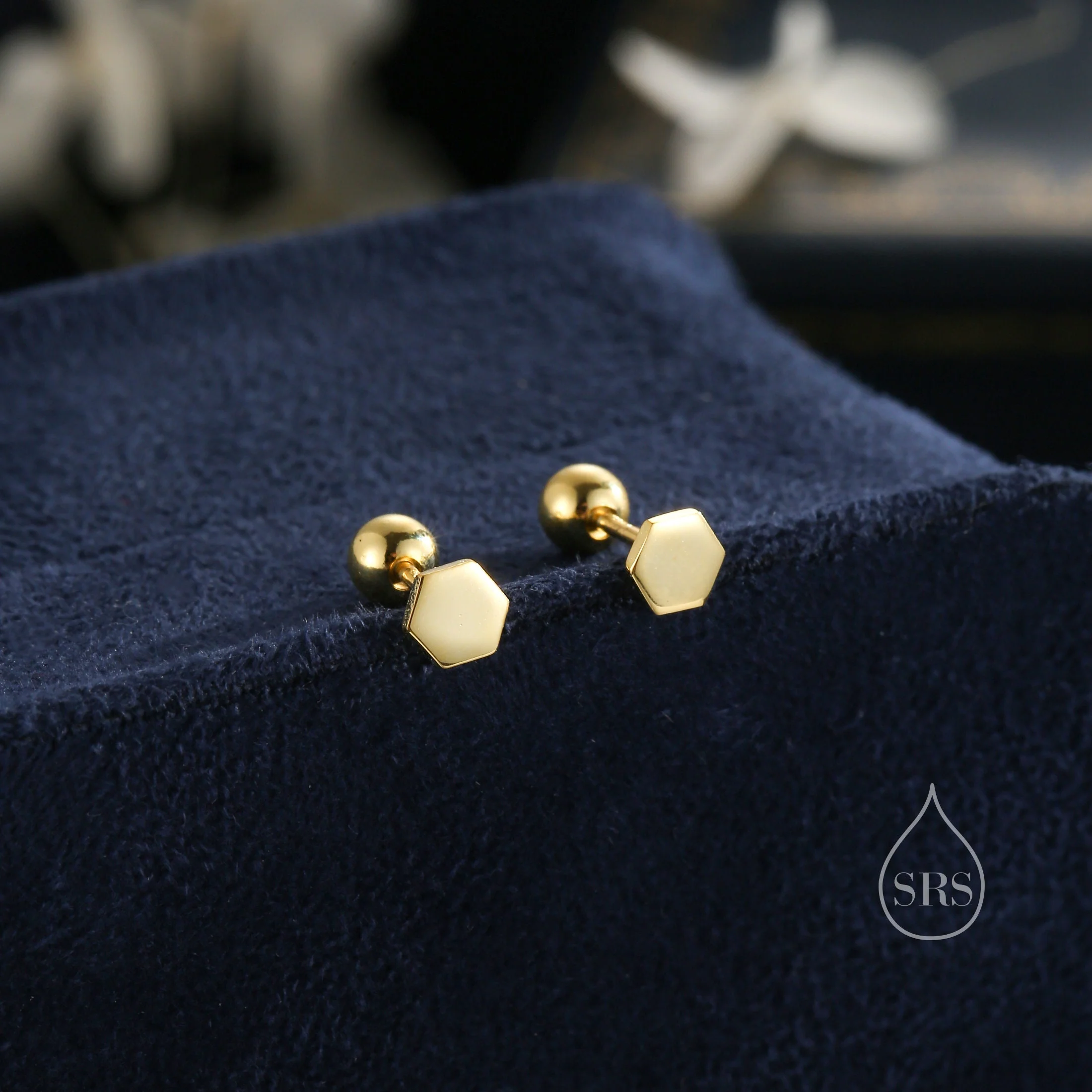 Tiny Hexagon Barbell Earrings in Sterling Silver, Silver or Gold, Screw Back Black Hexagon Earrings, Screwback Earrings - Image 9
