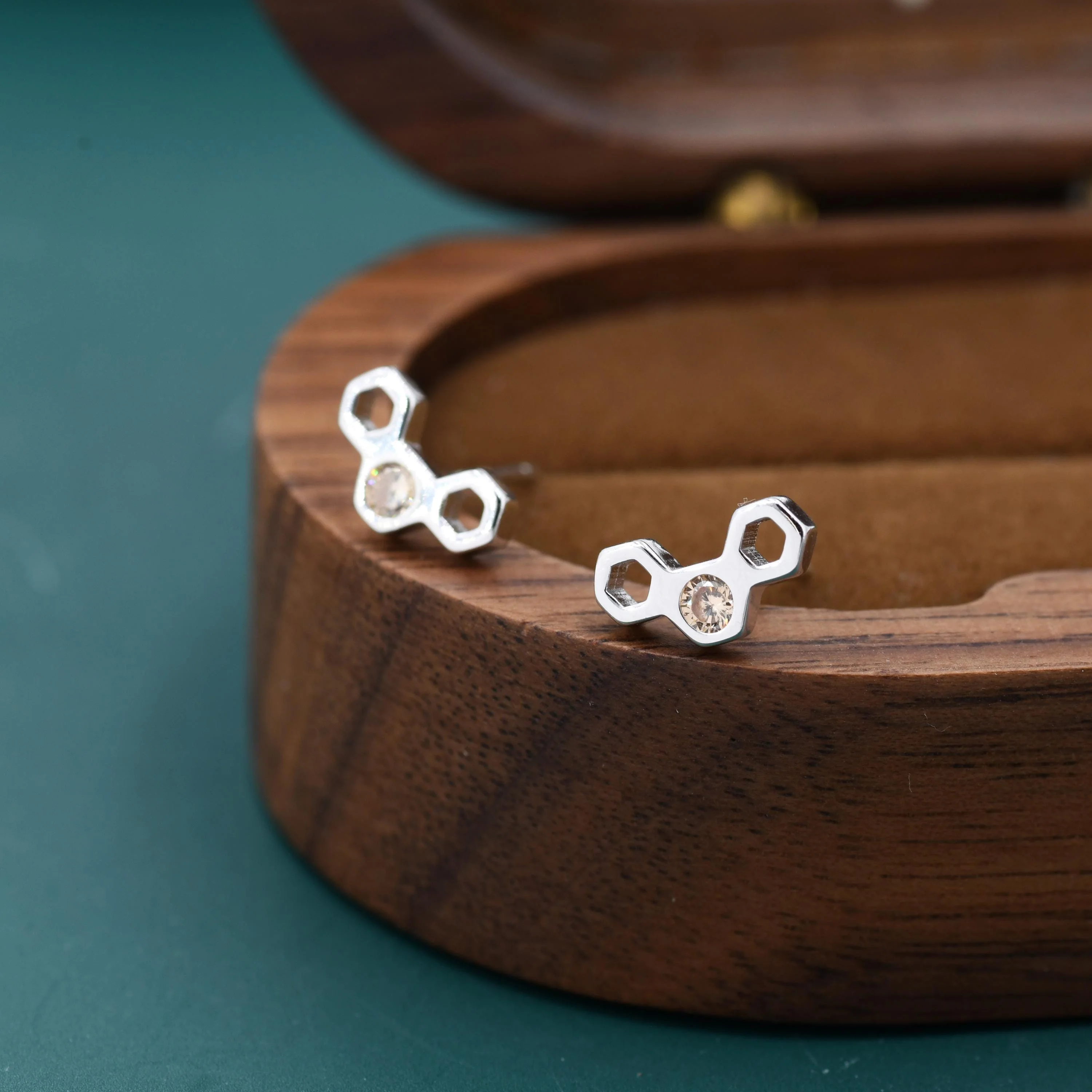 Tiny Honeycomb Stud Earrings in Sterling Silver, Silver or Gold, Nature Inspired - Image 4