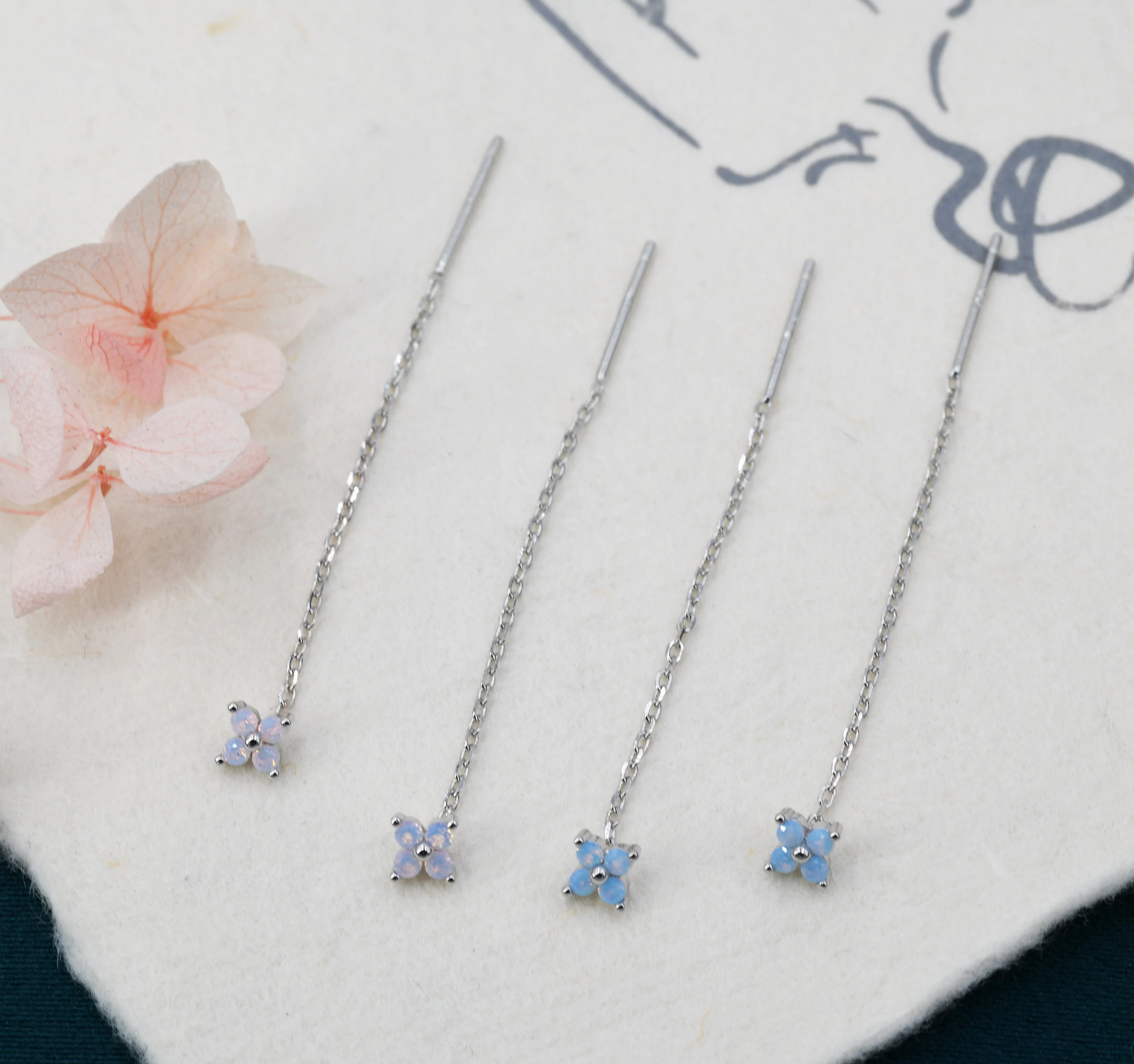 Tiny Hydrangea Flower CZ Threader Earrings in Sterling Silver, Silver or Gold, Pink Blue, Four Dot Crystal Ear Threaders, Flower CZ Earrings - Image 5